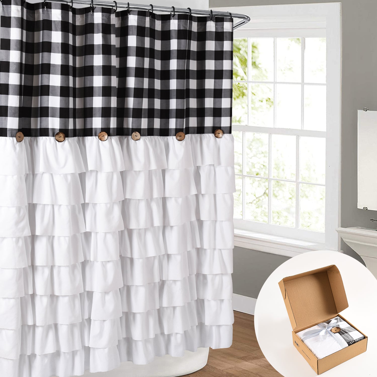 Chic Ruffled Shower Curtain with Black and White Buffalo Plaid, Boho Microfiber Bathtub Curtain with Natural Coconut Buttons, 72 x 72"