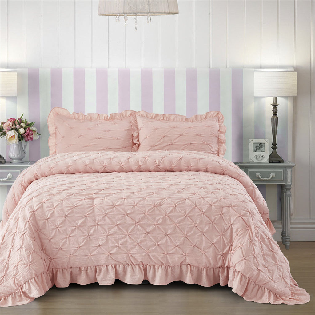 3 Piece Pinch Pleated Comforter Set - Chic Embroidery Farmhouse Style Bedding Set