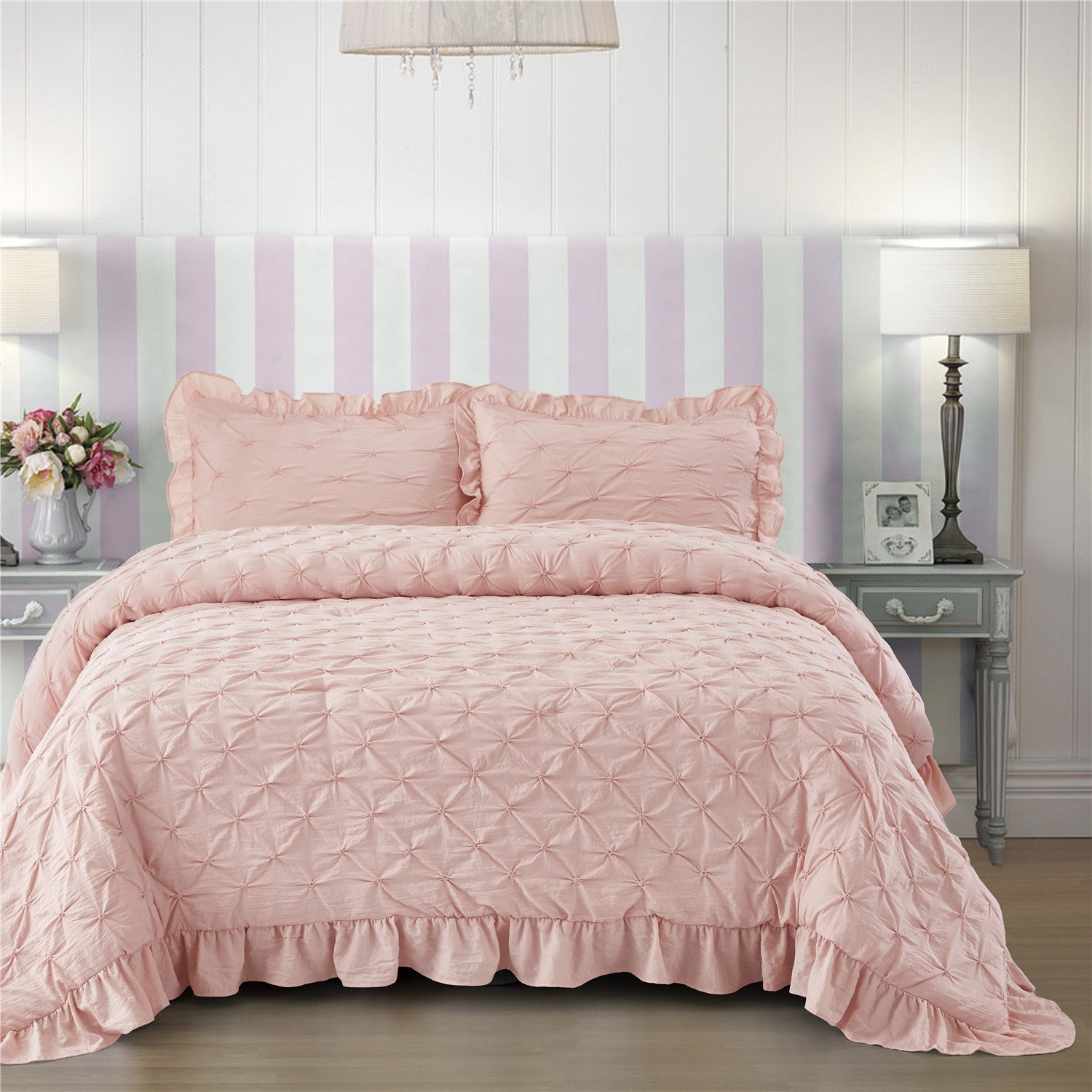 3 Piece Pinch Pleated Comforter Set - Chic Embroidery Farmhouse Style Bedding Set