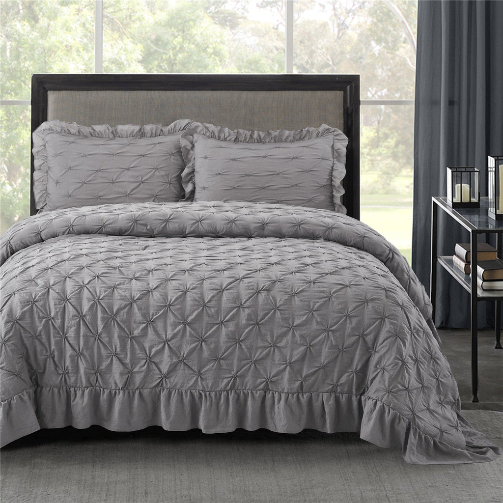 3 Piece Pinch Pleated Comforter Set - Chic Embroidery Farmhouse Style Bedding Set