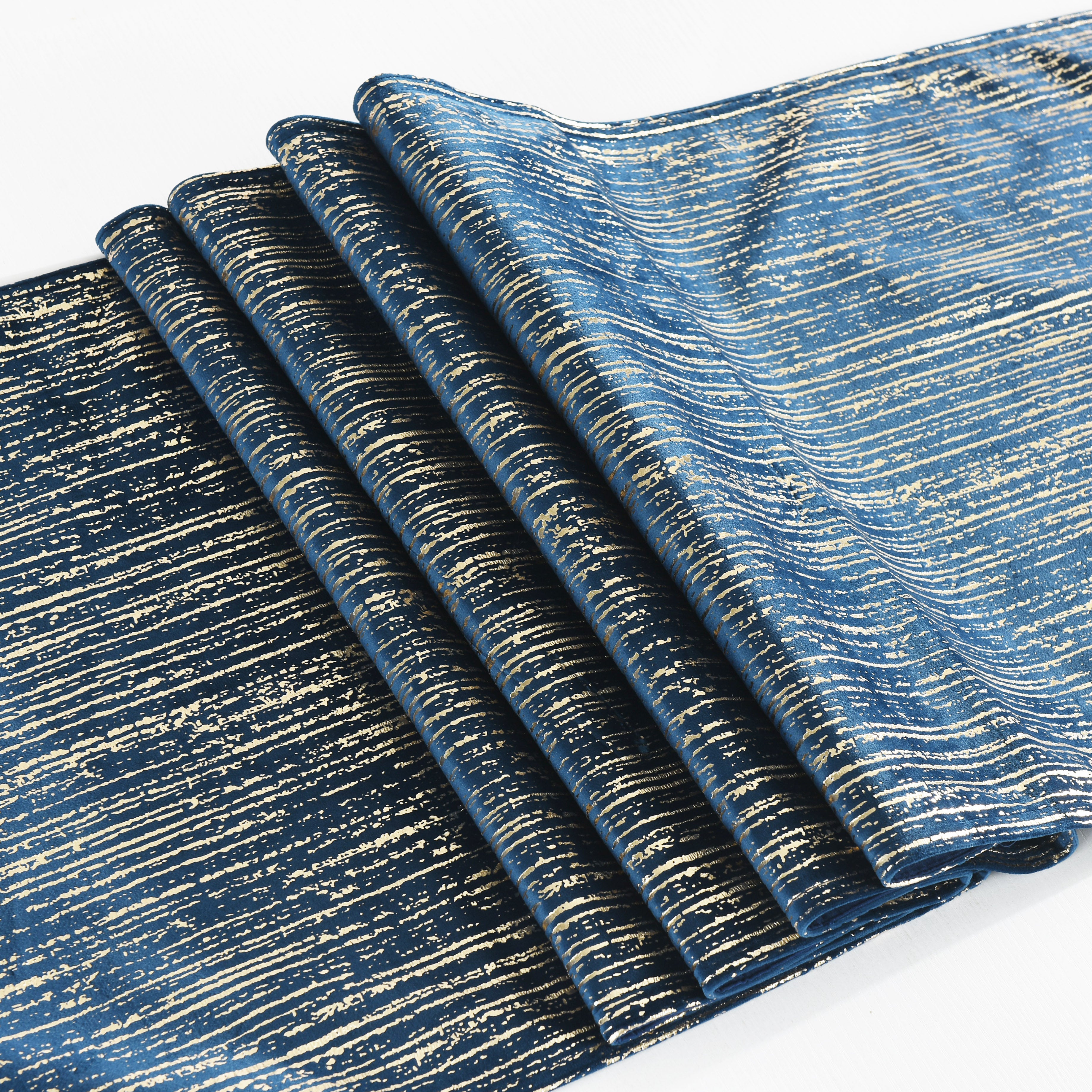 HIGBEDDING Navy Gold Velvet Table Runner Stripe Bronzing Table Runners 80 Inches Long for Holiday Party, Wedding and Dining Table Decor, 16x80 Inches