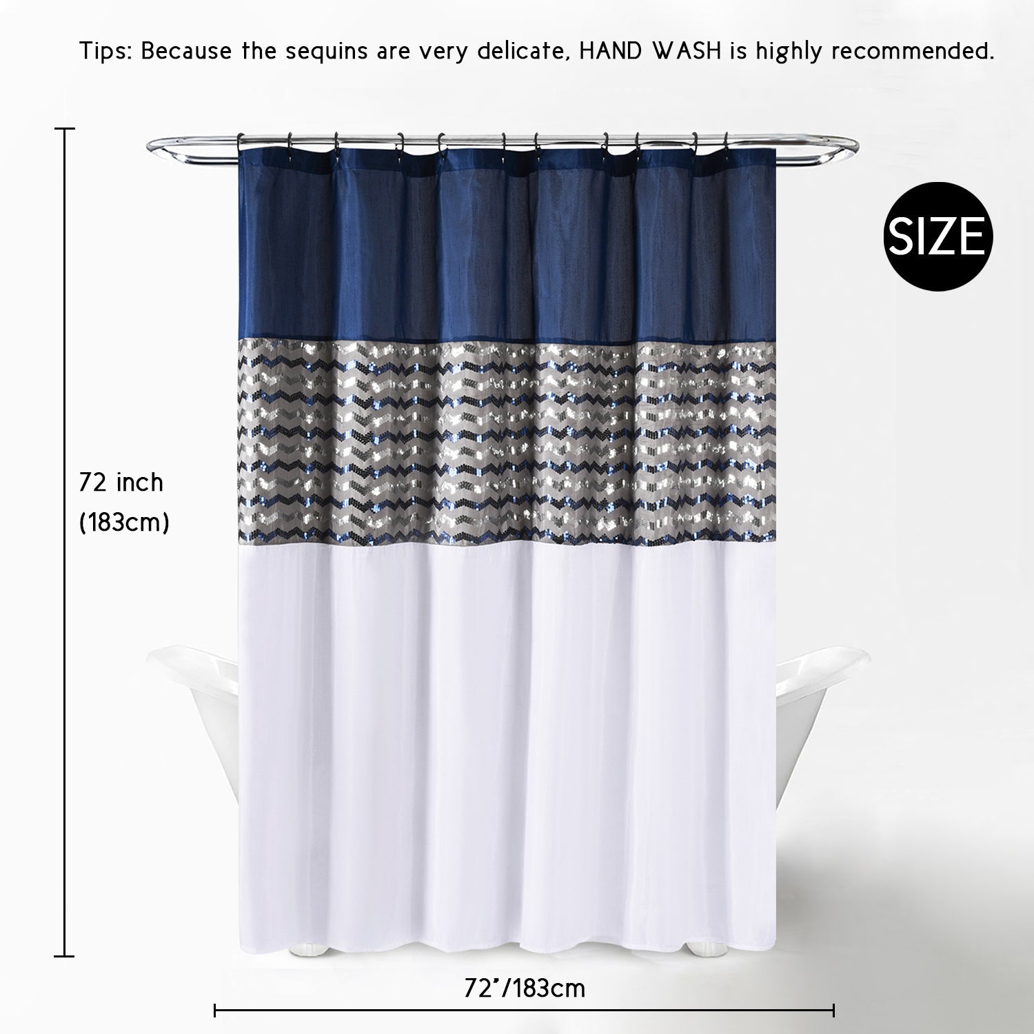 Modern Glitter Shower Curtain - Shimmer Sequin Design for Bathroom, Chic Stunning Bath Curtain with Color Block Design, 72" x 72"