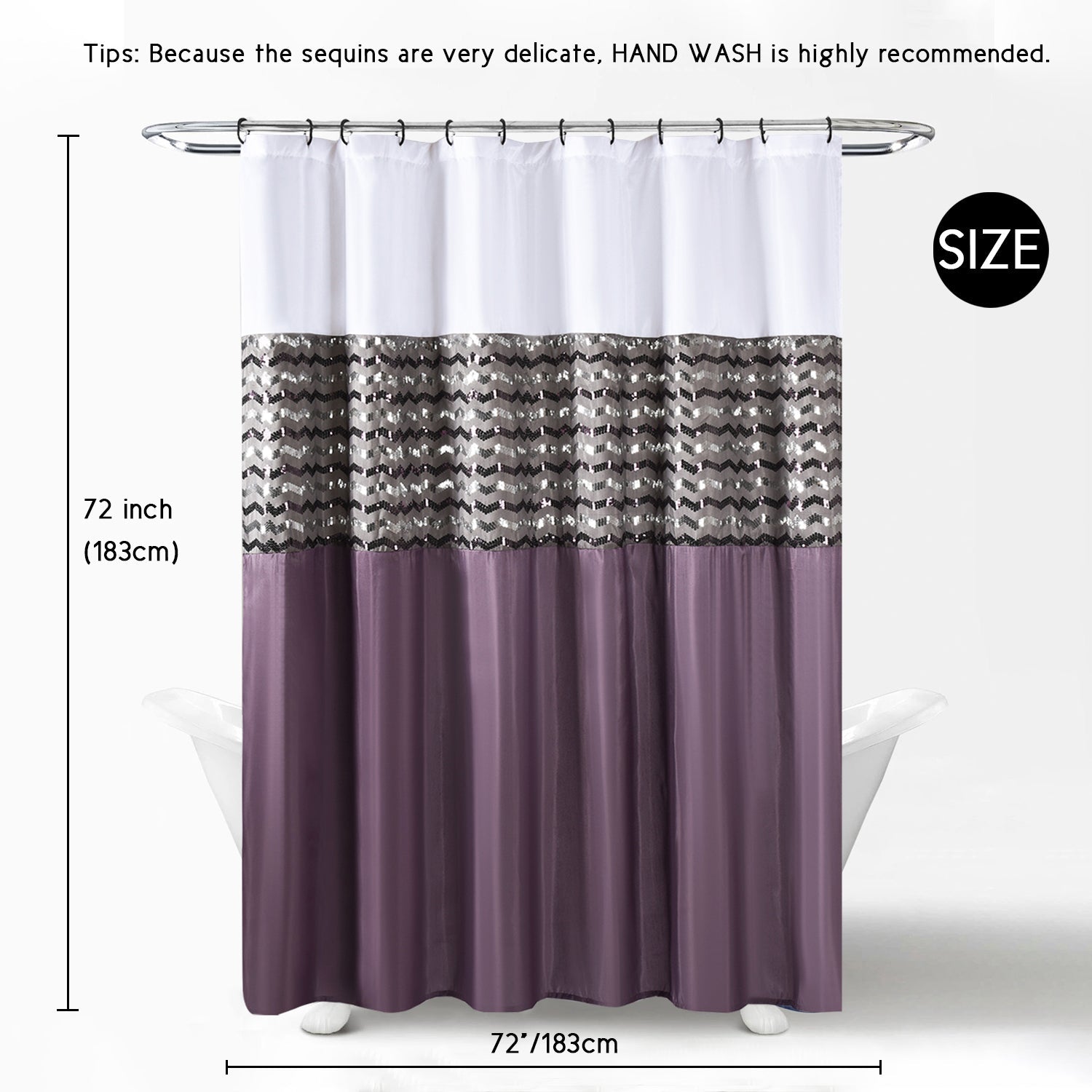 Modern Glitter Shower Curtain - Shimmer Sequin Design for Bathroom, Chic Stunning Bath Curtain with Color Block Design, 72" x 72"