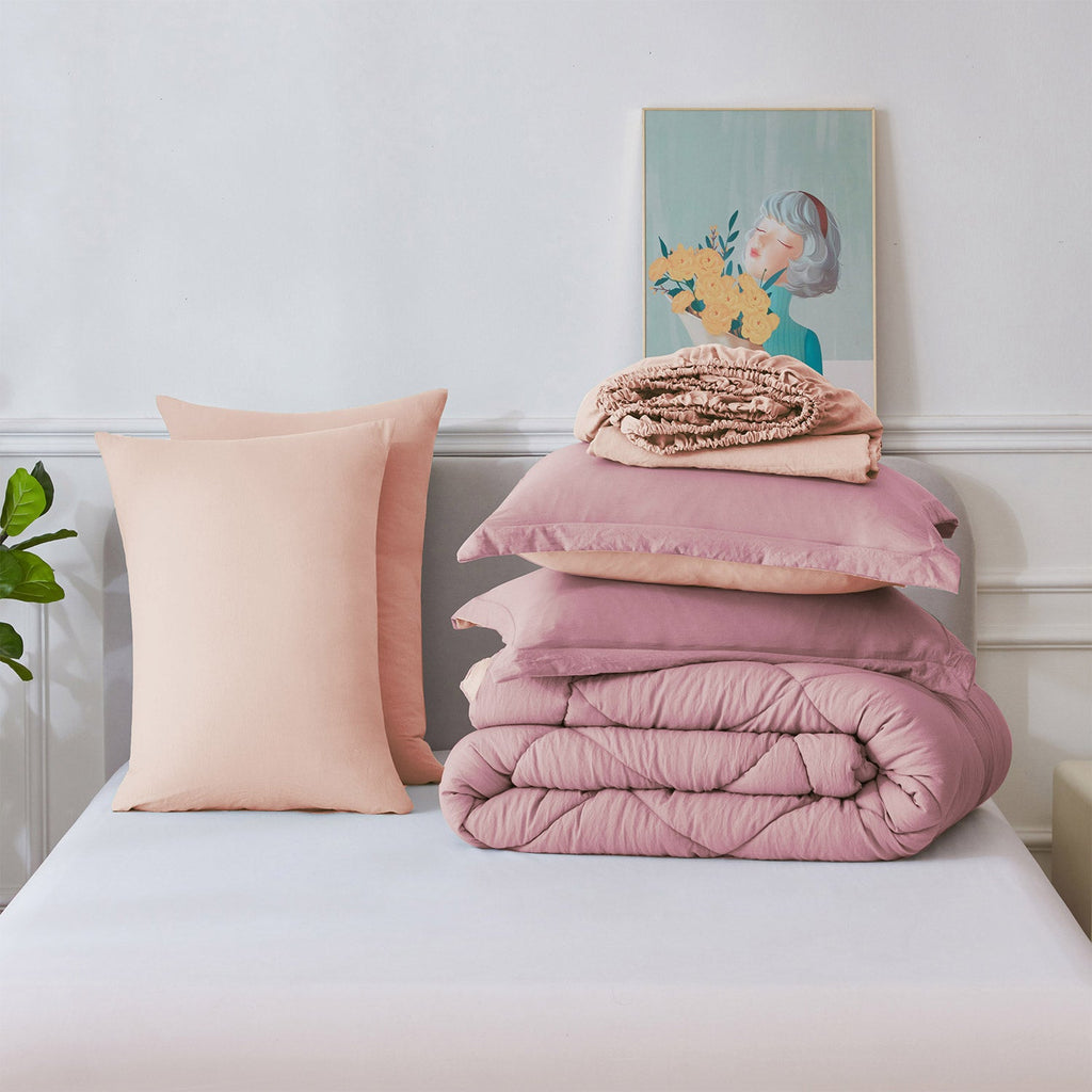 HIG 7 PCS Reversible Washed Microfiber Comforter set with Sheets, Diamond - Stitched Bed in a Bag