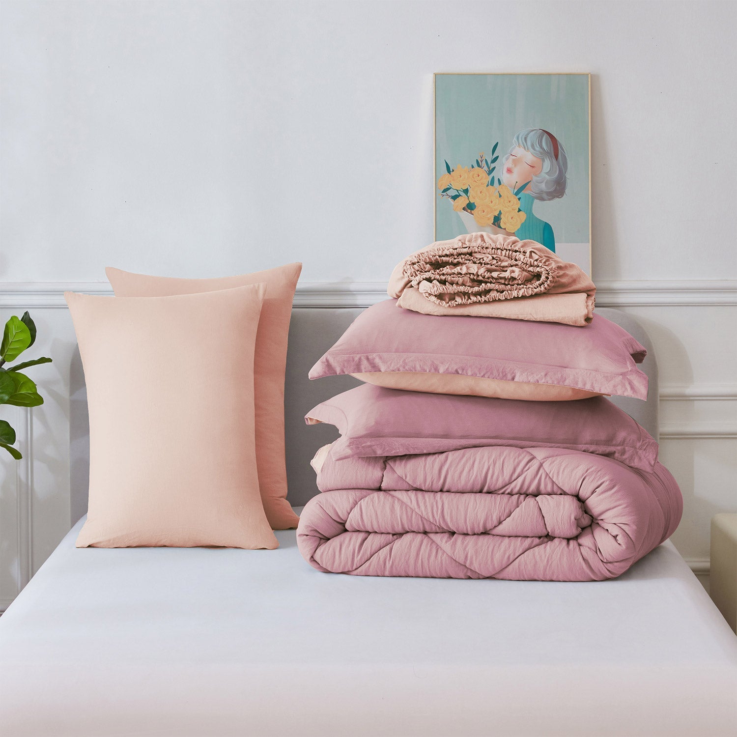 HIG 7 PCS Reversible Washed Microfiber Comforter set with Sheets, Diamond - Stitched Bed in a Bag