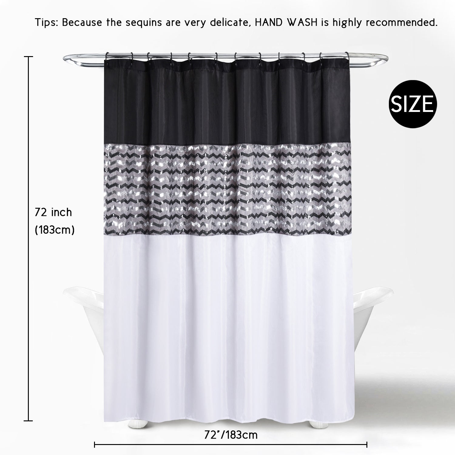 Modern Glitter Shower Curtain - Shimmer Sequin Design for Bathroom, Chic Stunning Bath Curtain with Color Block Design, 72" x 72"