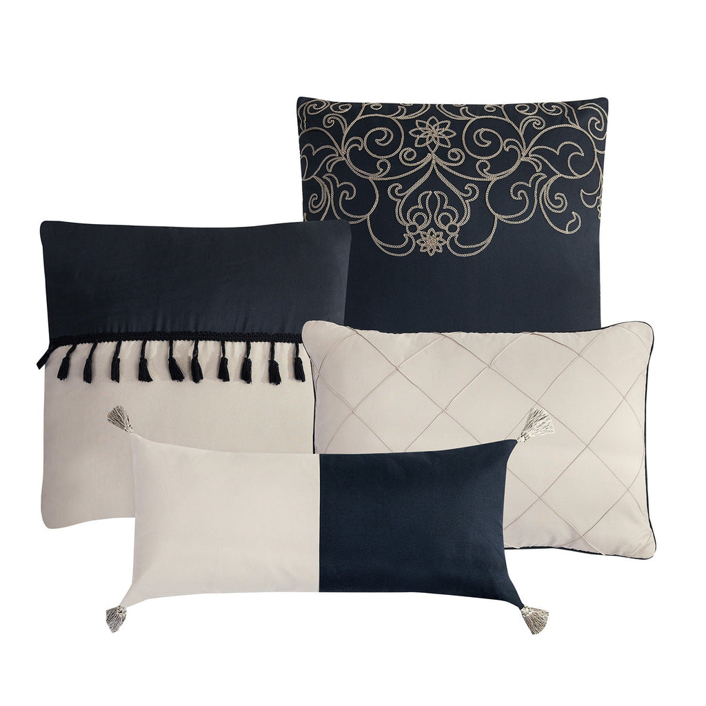 7 Piece Luxurious Floral Embroidered Black Comforters Bed in a Bag Queen King Bedding Set