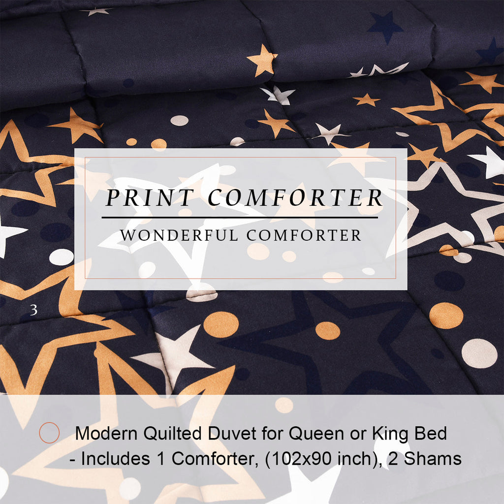 HIG Geometric Print Comforter Set, Grid / Stars Pattern, 3 PCS Lightweight Quilted Comforter with Two Shams