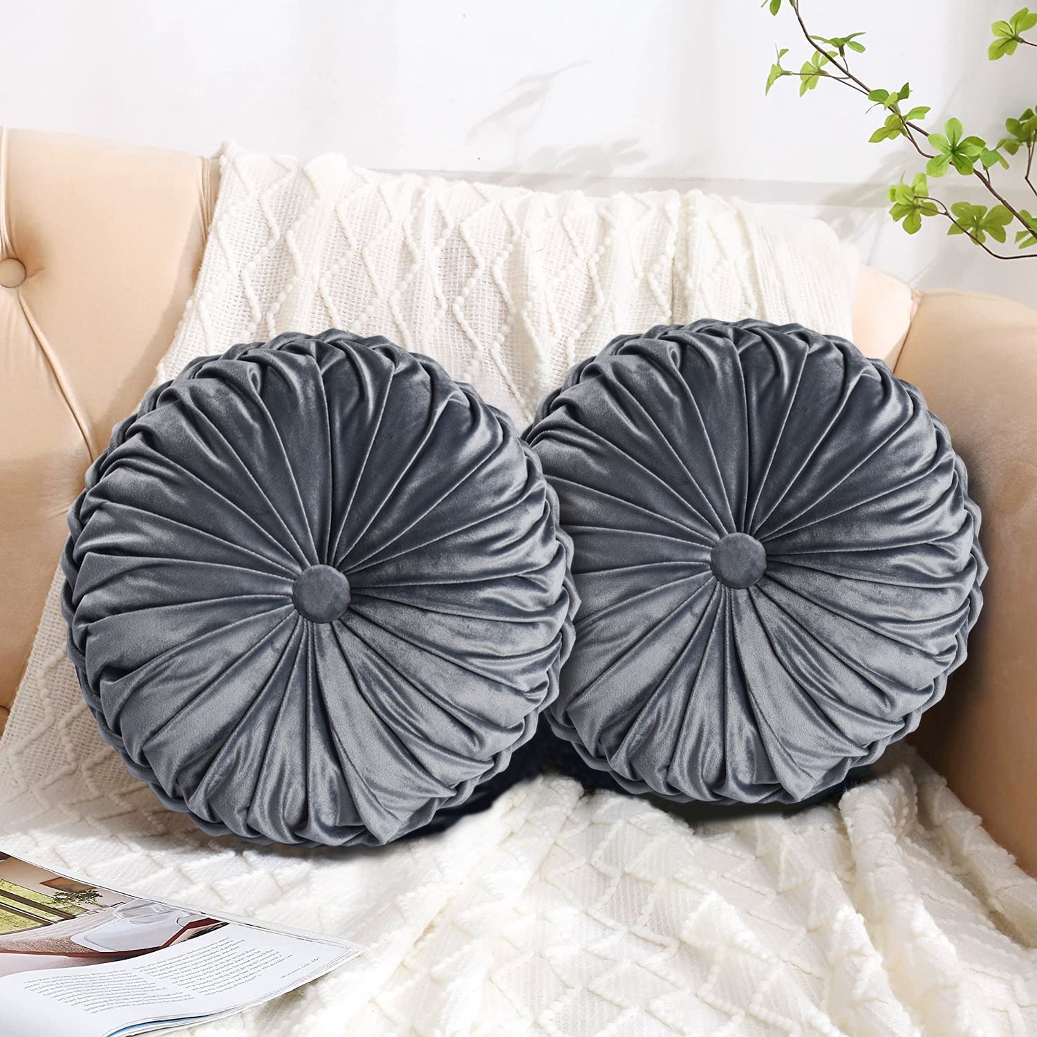 HIG Set of 2 Pumpkin Pleated Round Throw Pillows, Soft Velvet, 14.5" Diameter
