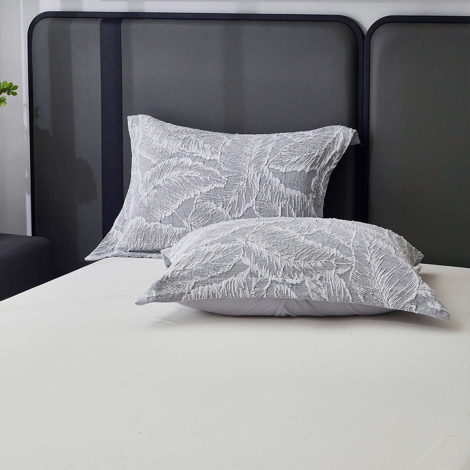 HIG 7-Piece Gray Chenille Jacquard Comforter Set, Leaf Bed in a Bag Bedding Set, Queen/King Size