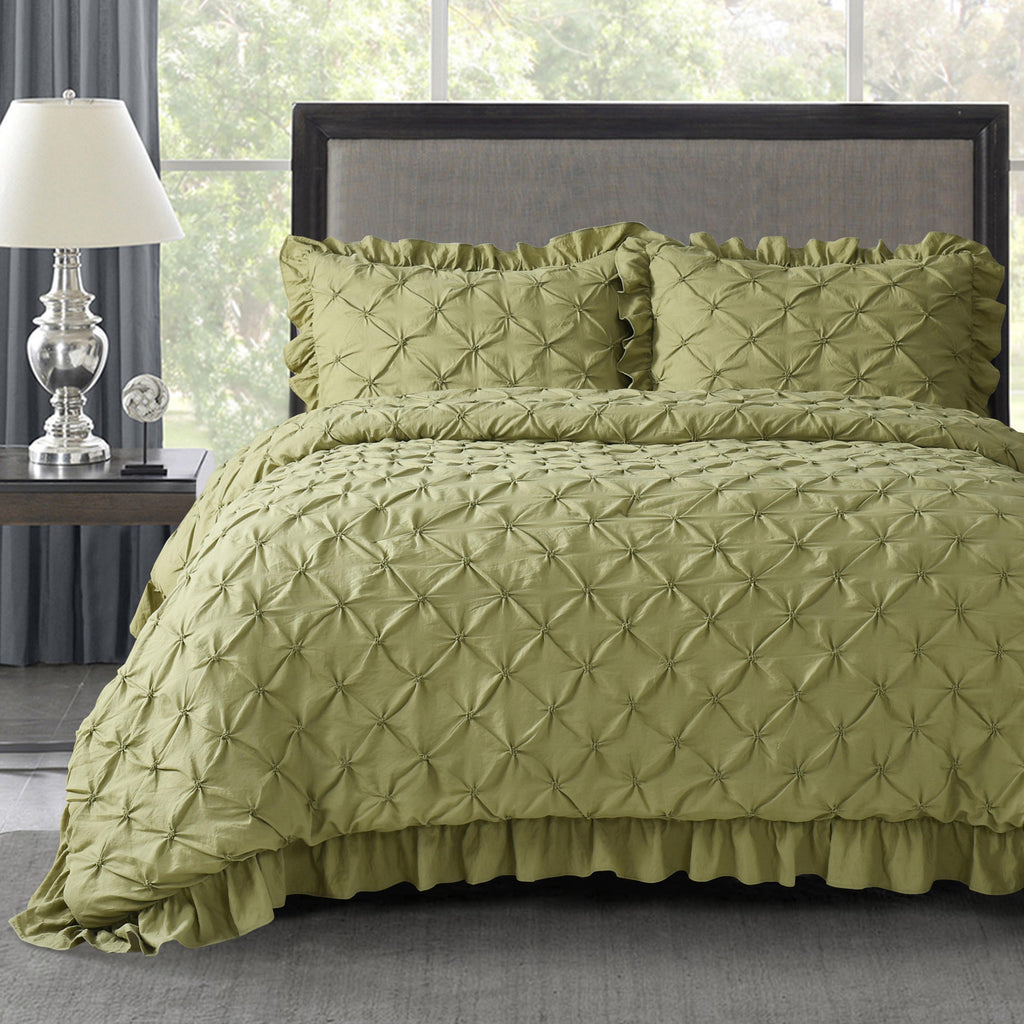 3 Piece Pinch Pleated Comforter Set - Chic Embroidery Farmhouse Style Bedding Set