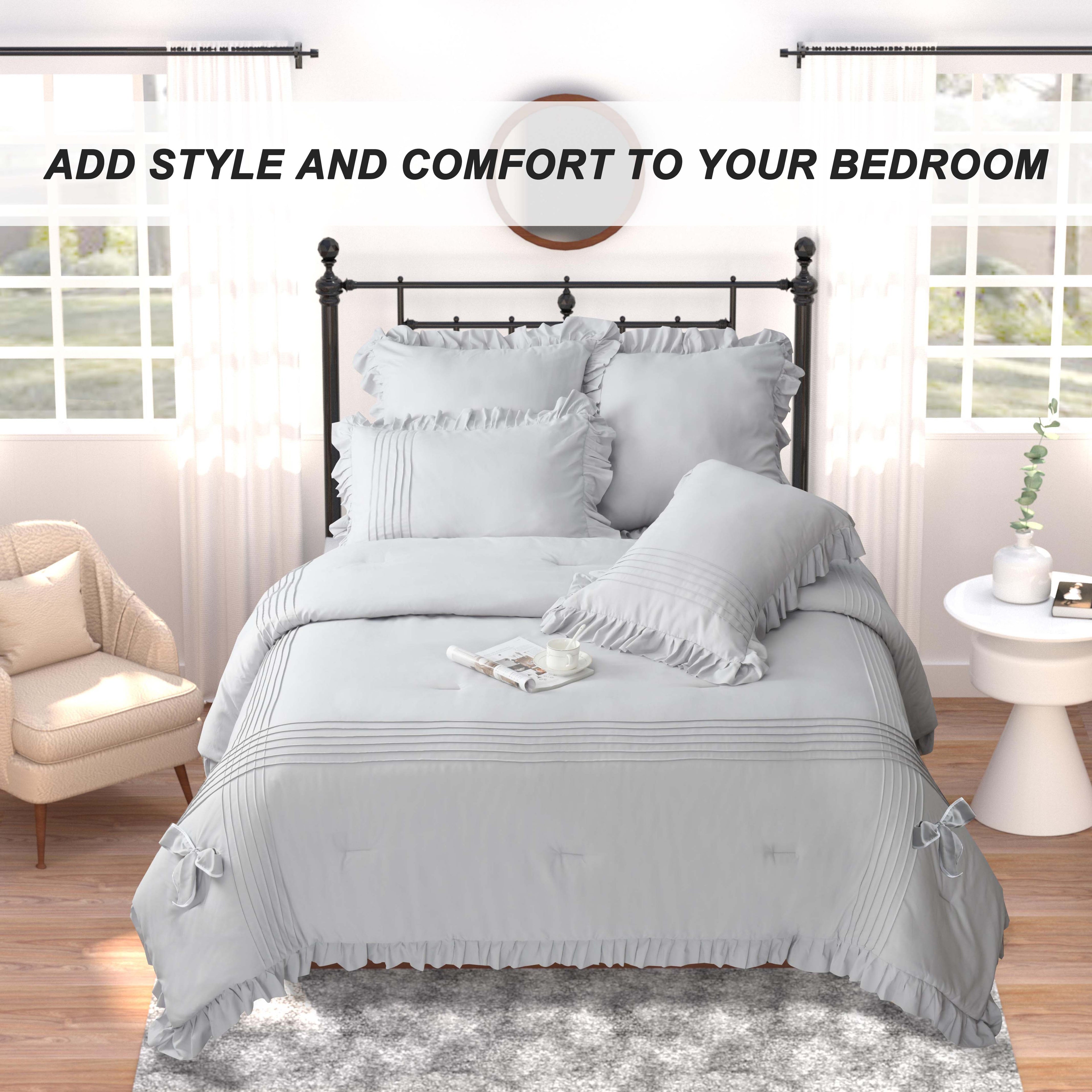 HIG 5 Pieces Chic Pleated Comforter Set with Handmade Ruffles,Princess Vintage Bed Set with Adorable Bow Tie, Modern Farmhouse Down Alternative Bedding Set