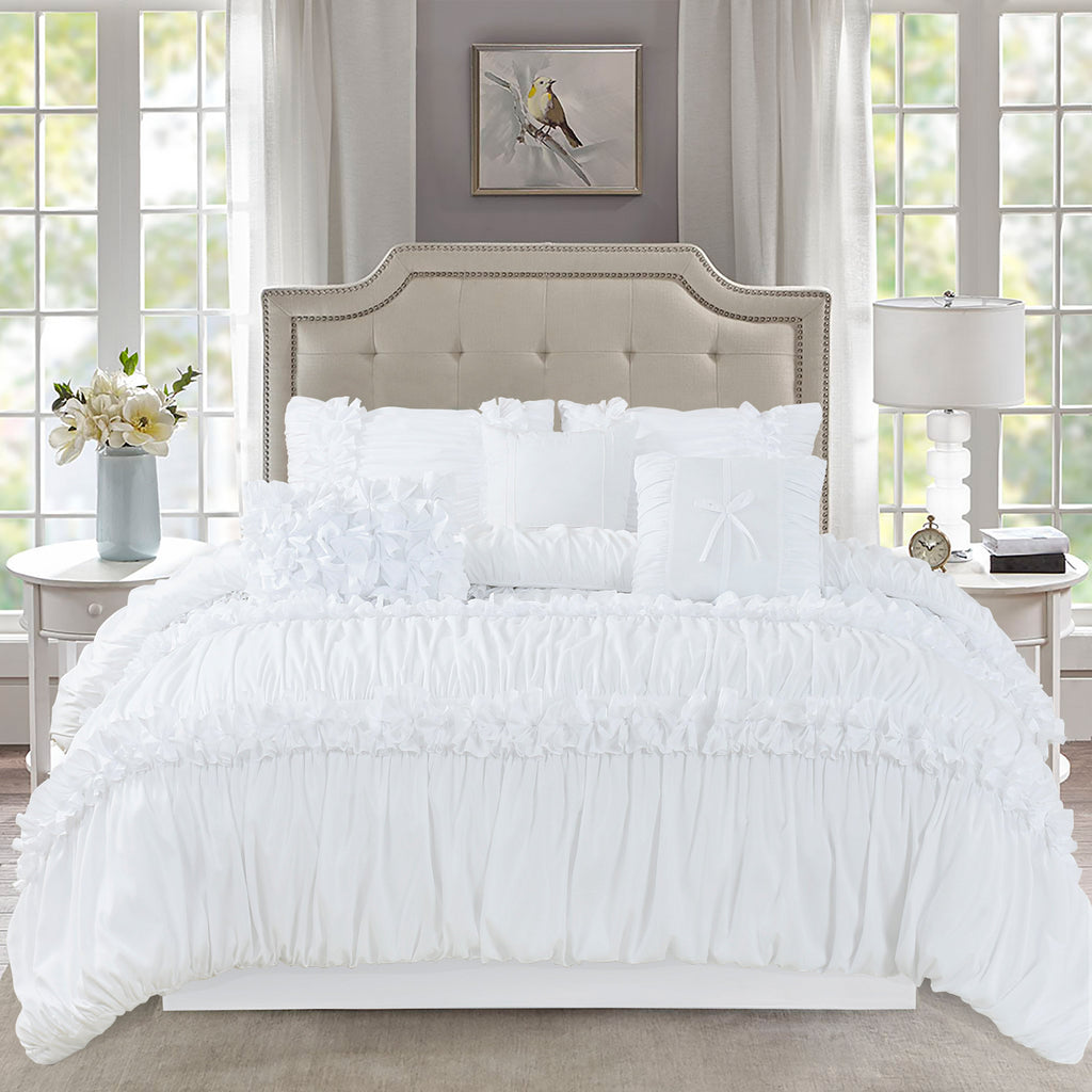 HIG 7 Piece Ruched Pleat Comforter Set Camel and White Romantic Bed in a Bag Queen King Size
