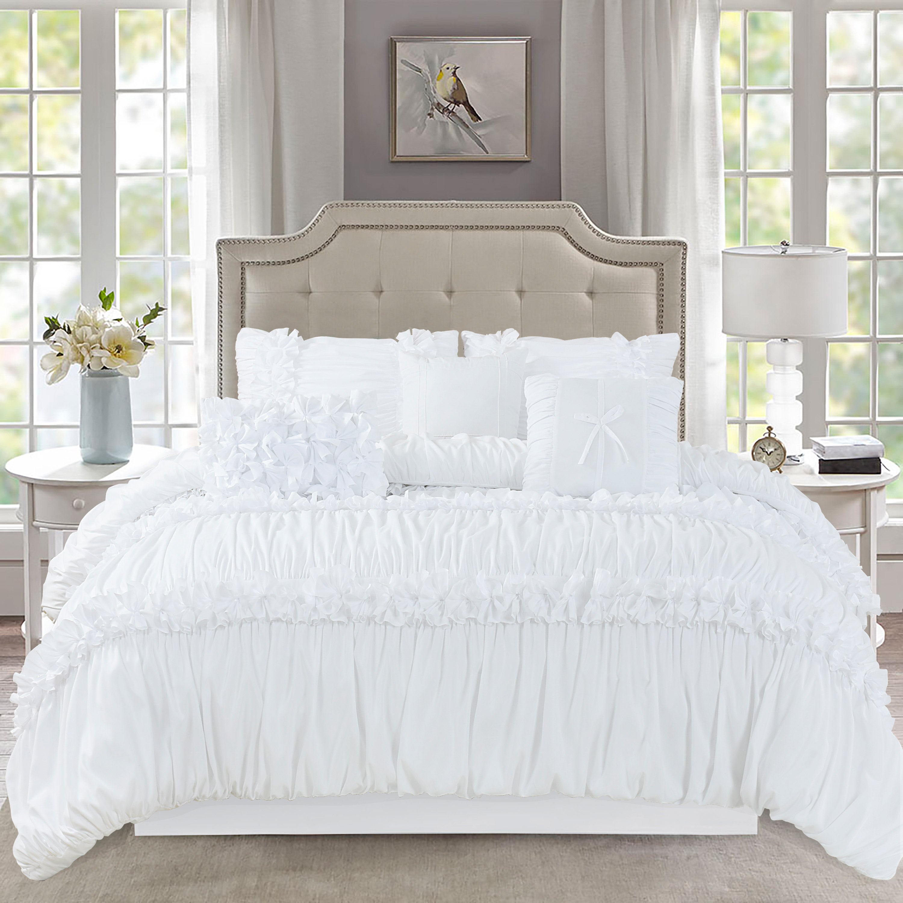 HIG 7 Piece Ruched Pleat Comforter Set Camel and White Romantic Bed in a Bag Queen King Size