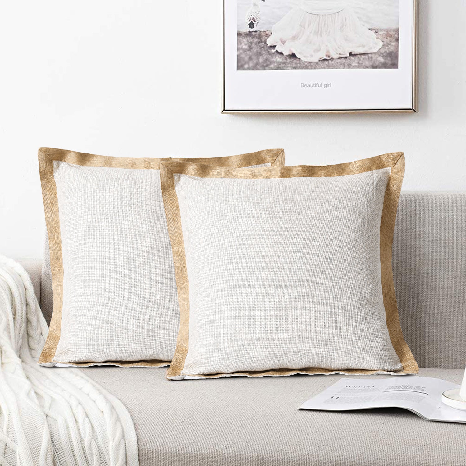 2 Piece Handmade Vintage Faux Rustic Decorative Pillow Covers with Linen Edge