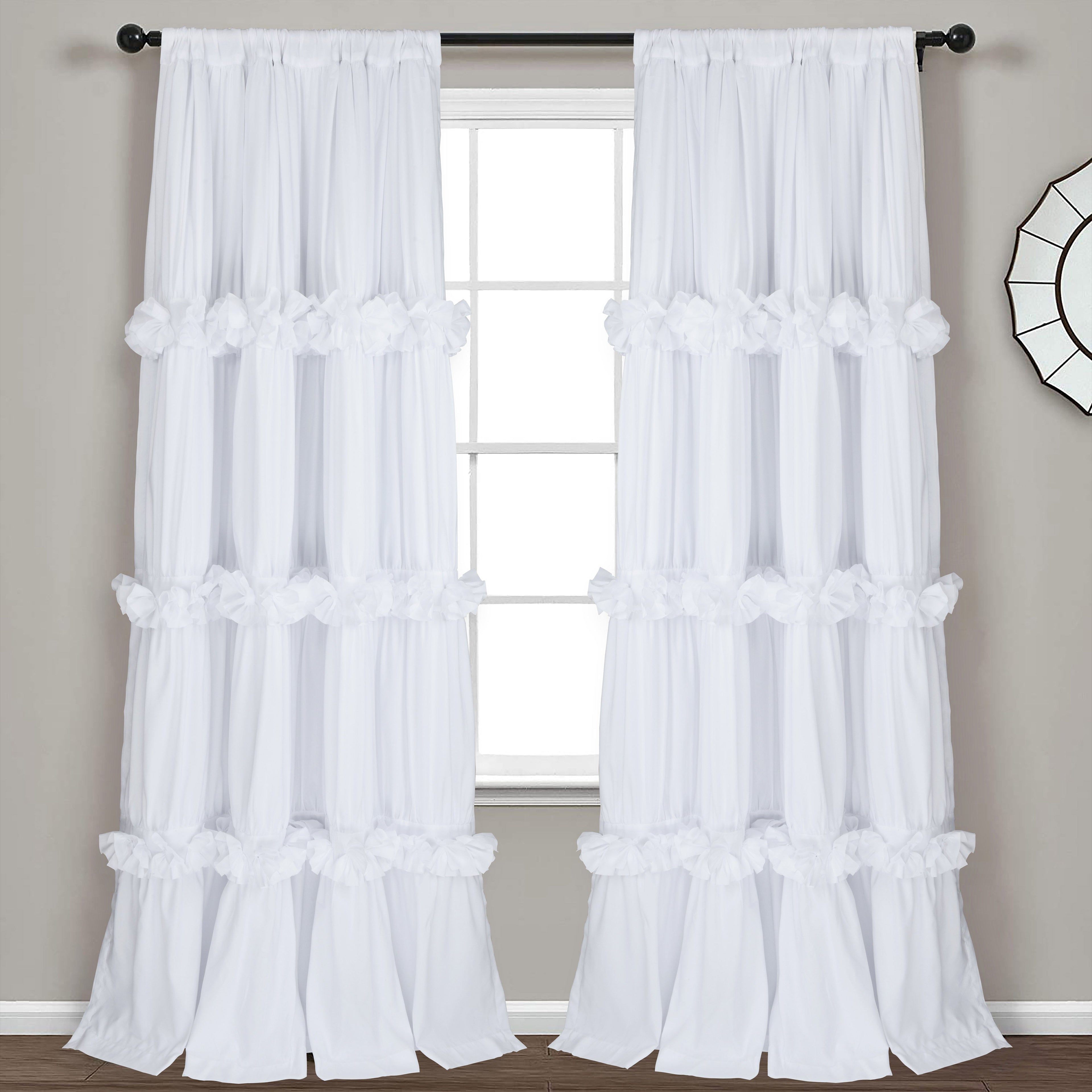 HIG Farmhouse Ruffle Window Curtains with Blackout Liner Handmade Bow Ties Drapes 2 Panels Set, 54"W x 84"L
