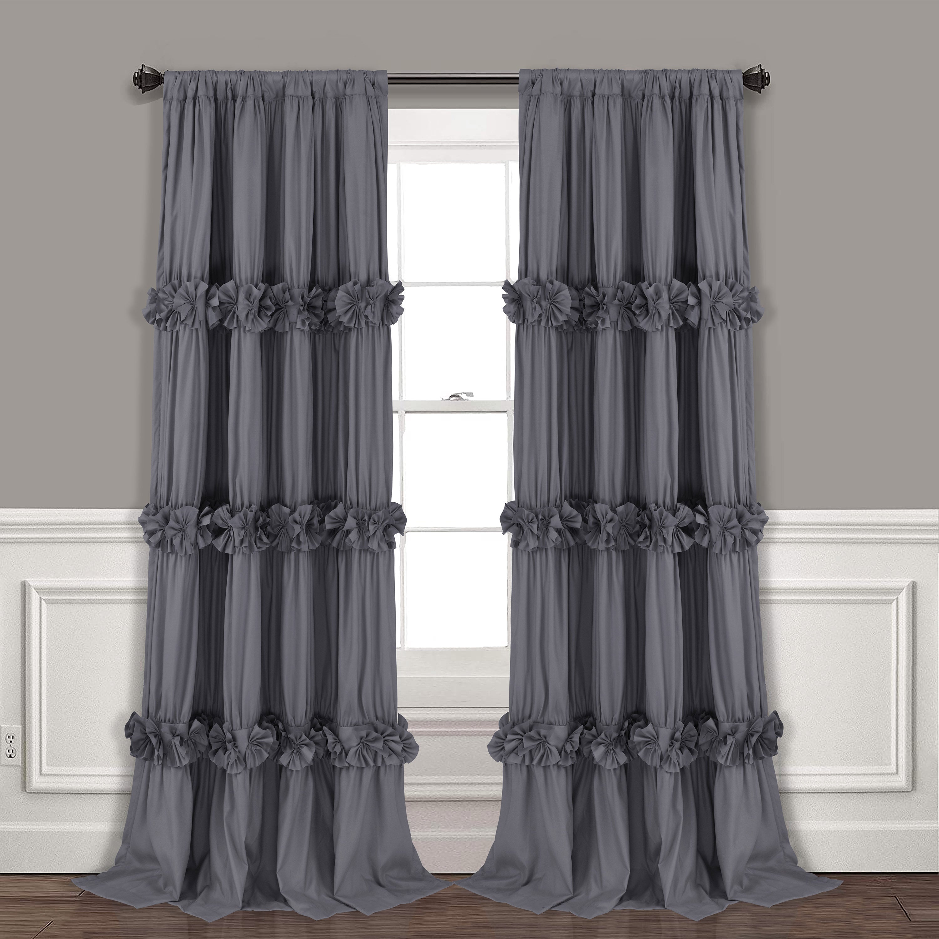 HIG Farmhouse Ruffle Window Curtains with Blackout Liner Handmade Bow Ties Drapes 2 Panels Set, 54"W x 84"L