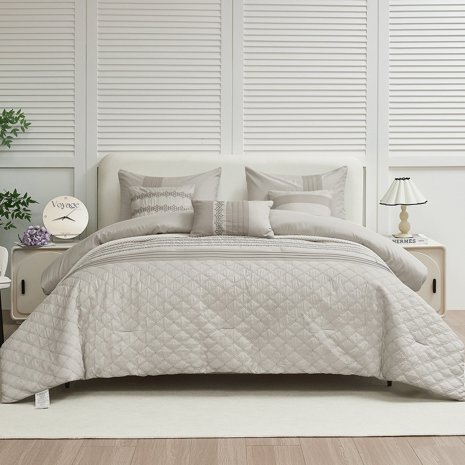 HIG 7 Piece Embroidery White Bed in a Bag, Modern and Stylish Comforter Set for Adults
