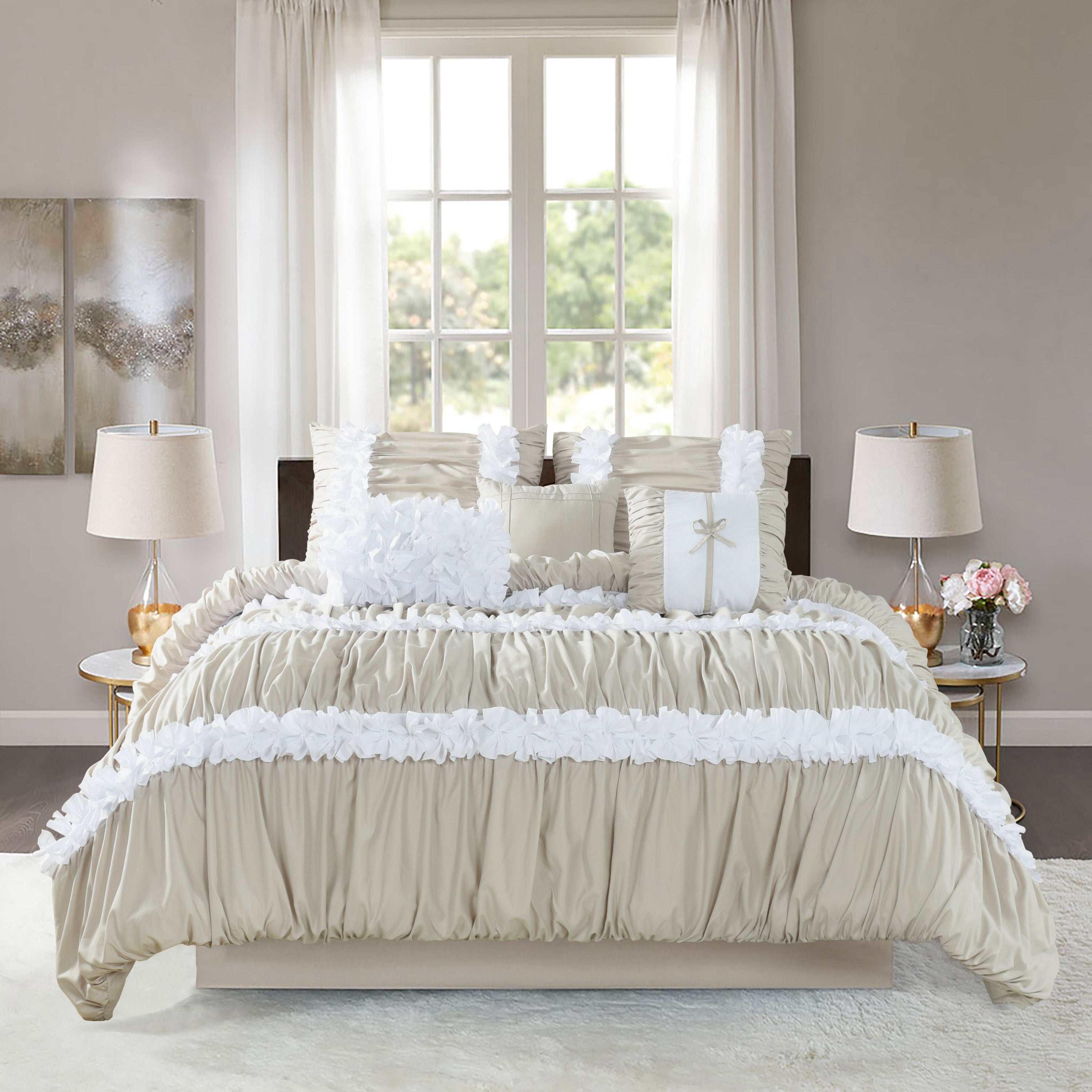 HIG 7 Piece Ruched Pleat Comforter Set Camel and White Romantic Bed in a Bag Queen King Size