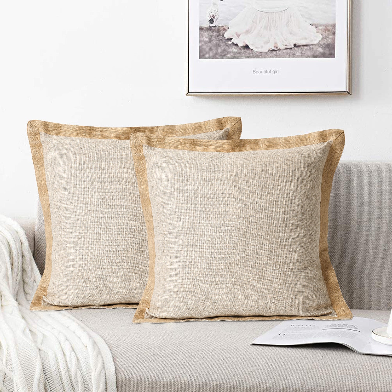 2 Piece Handmade Vintage Faux Rustic Decorative Pillow Covers with Linen Edge