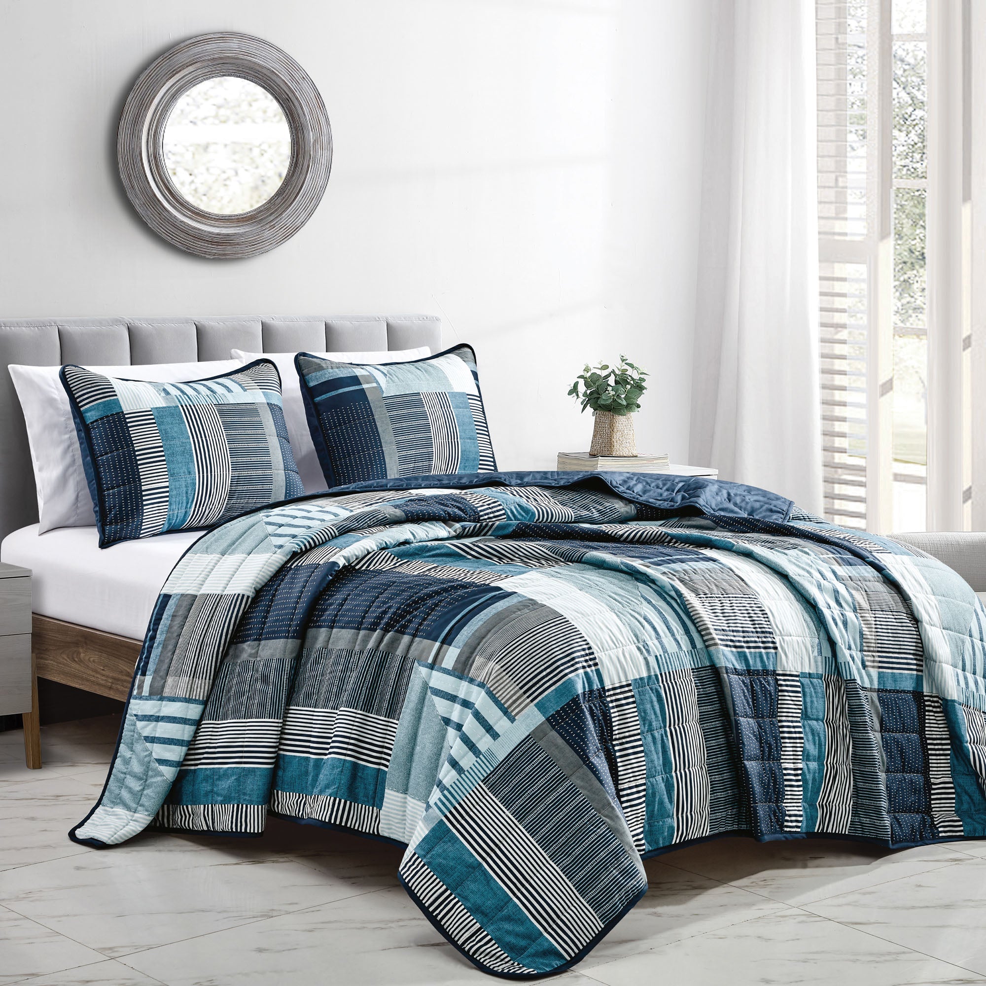 HIG 3 Piece Stripe Splicing Print Bedspread Set King & Queen Size for Bedroom
