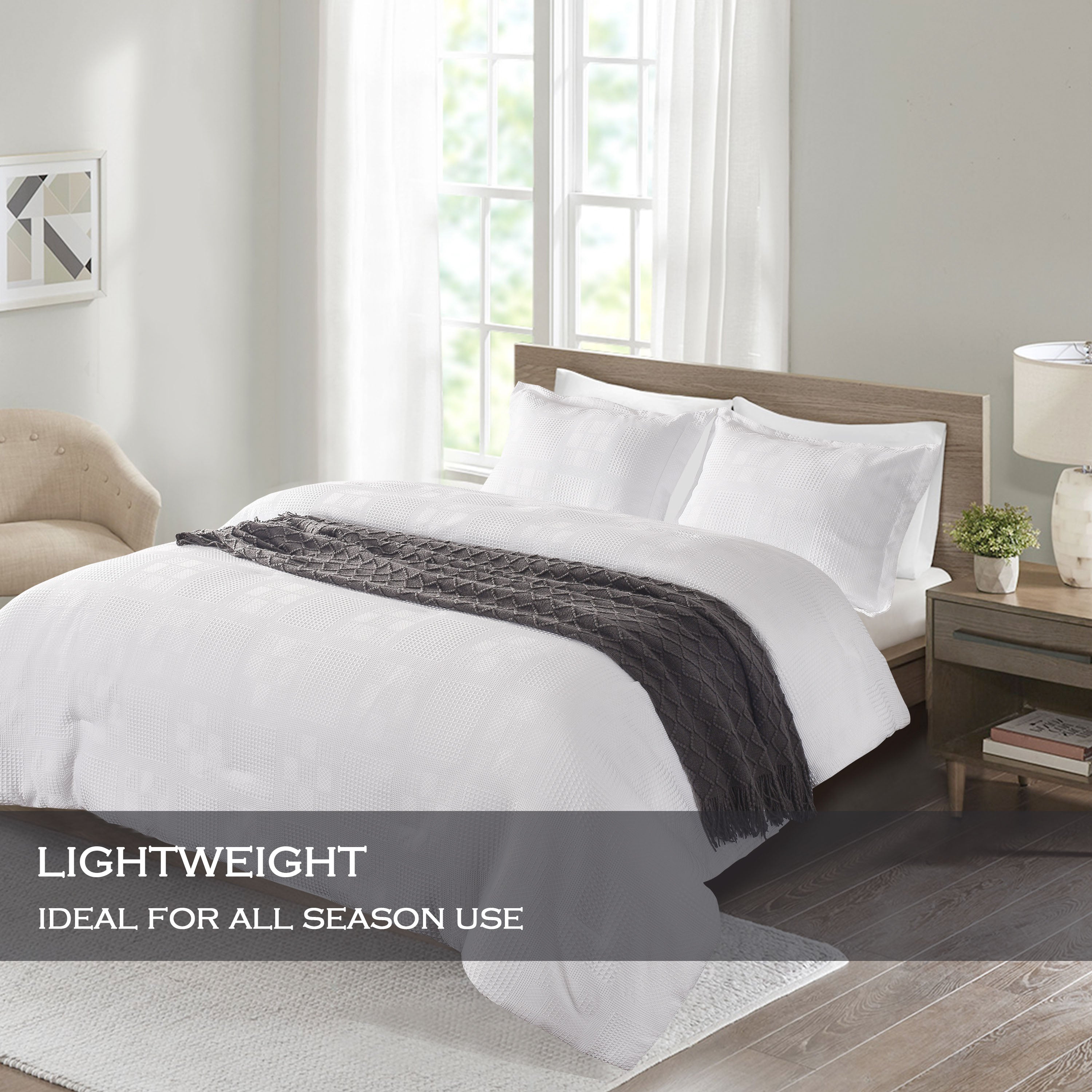 3 Pieces Textured Waffle Weave Comforter Set with Geometric Jacquard Pattern (Borya)