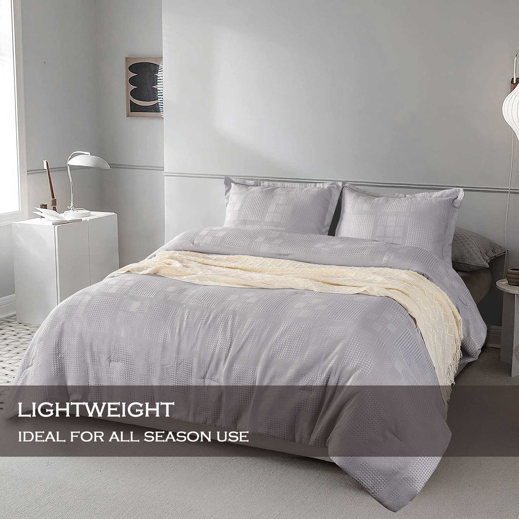 3 Pieces Textured Waffle Weave Comforter Set with Geometric Jacquard Pattern (Borya)