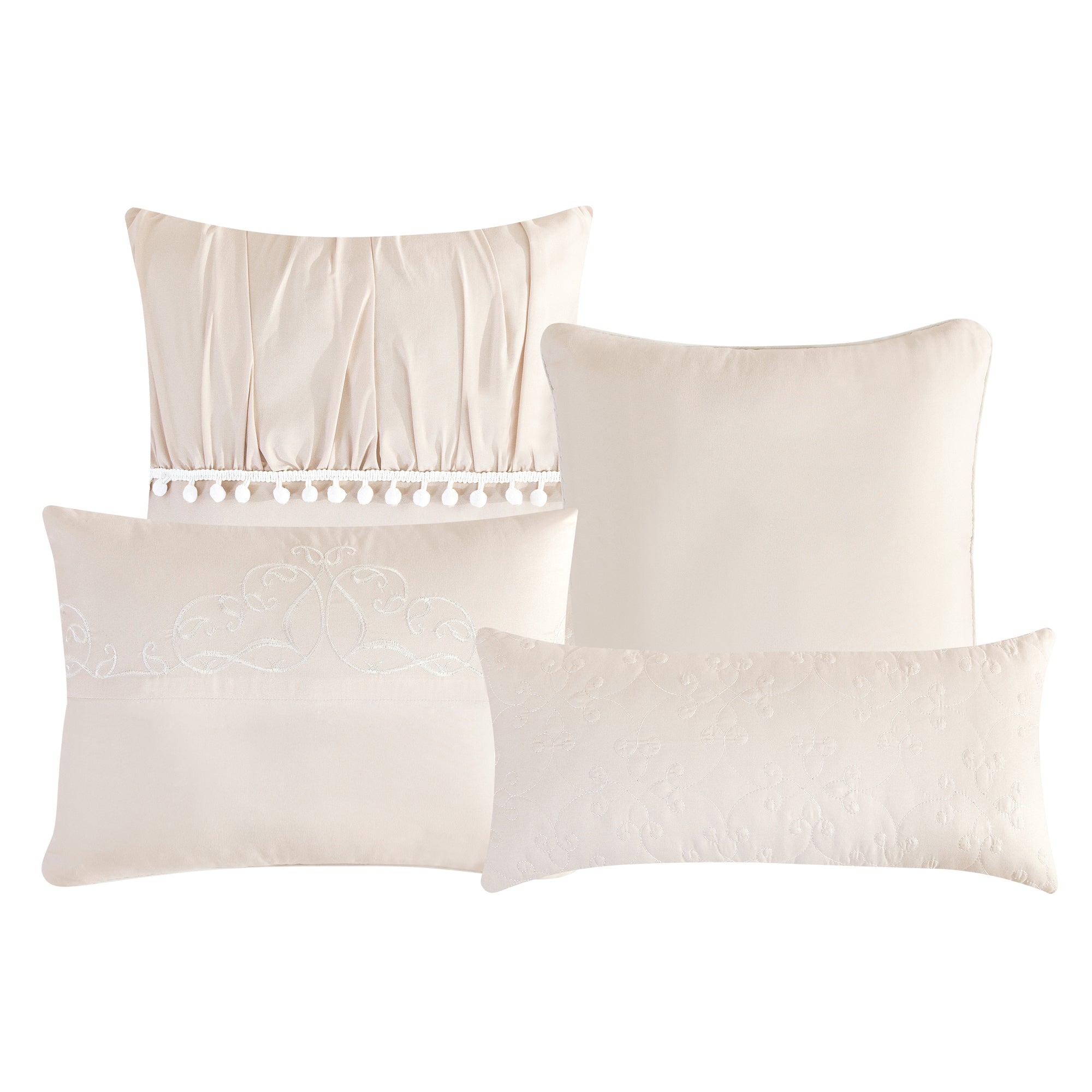 7 Piece Beige Color Embroidered Bed in Bag Poom Poom Comforter Set Q/K Size