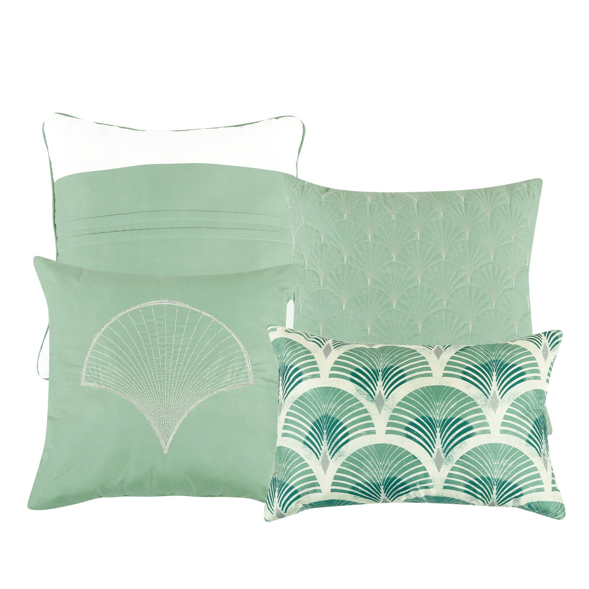 7 Piece Light Green Scalloped Emroidered Comforter Set Super Soft Microfiber Bed in a Bag Queen King Size