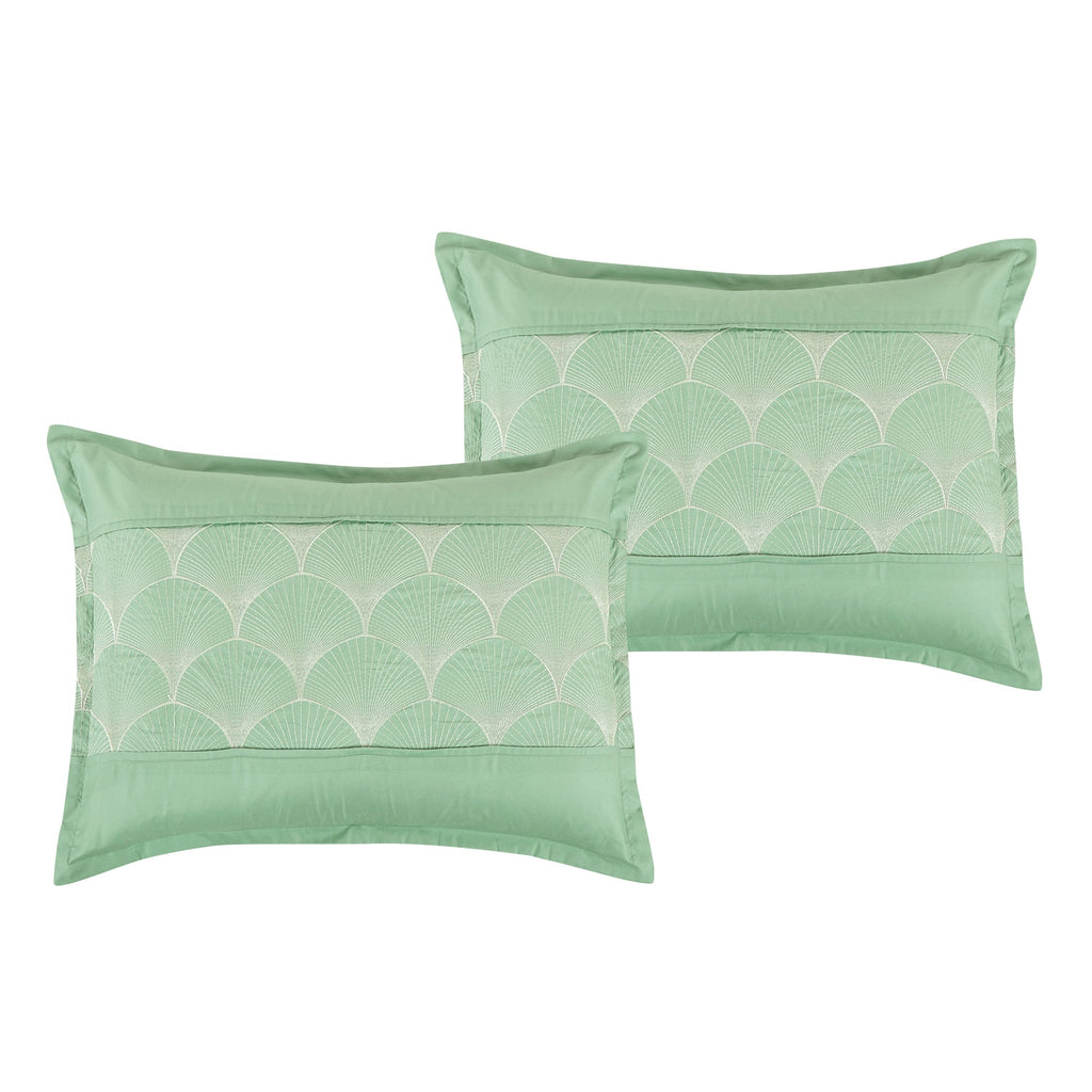 7 Piece Light Green Scalloped Emroidered Comforter Set Super Soft Microfiber Bed in a Bag Queen King Size