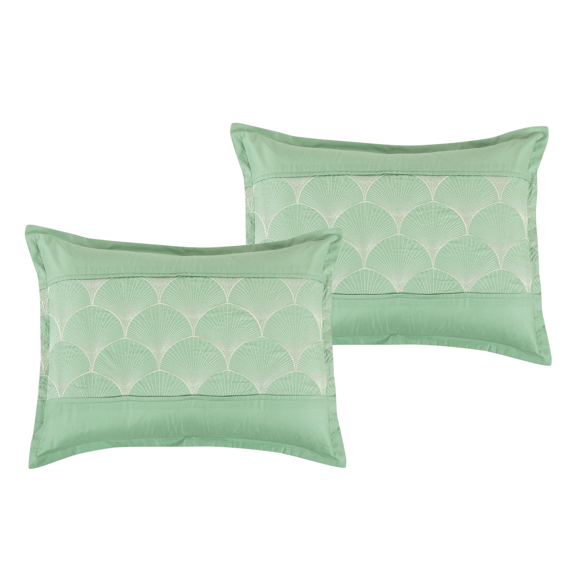 7 Piece Light Green Scalloped Emroidered Comforter Set Super Soft Microfiber Bed in a Bag Queen King Size