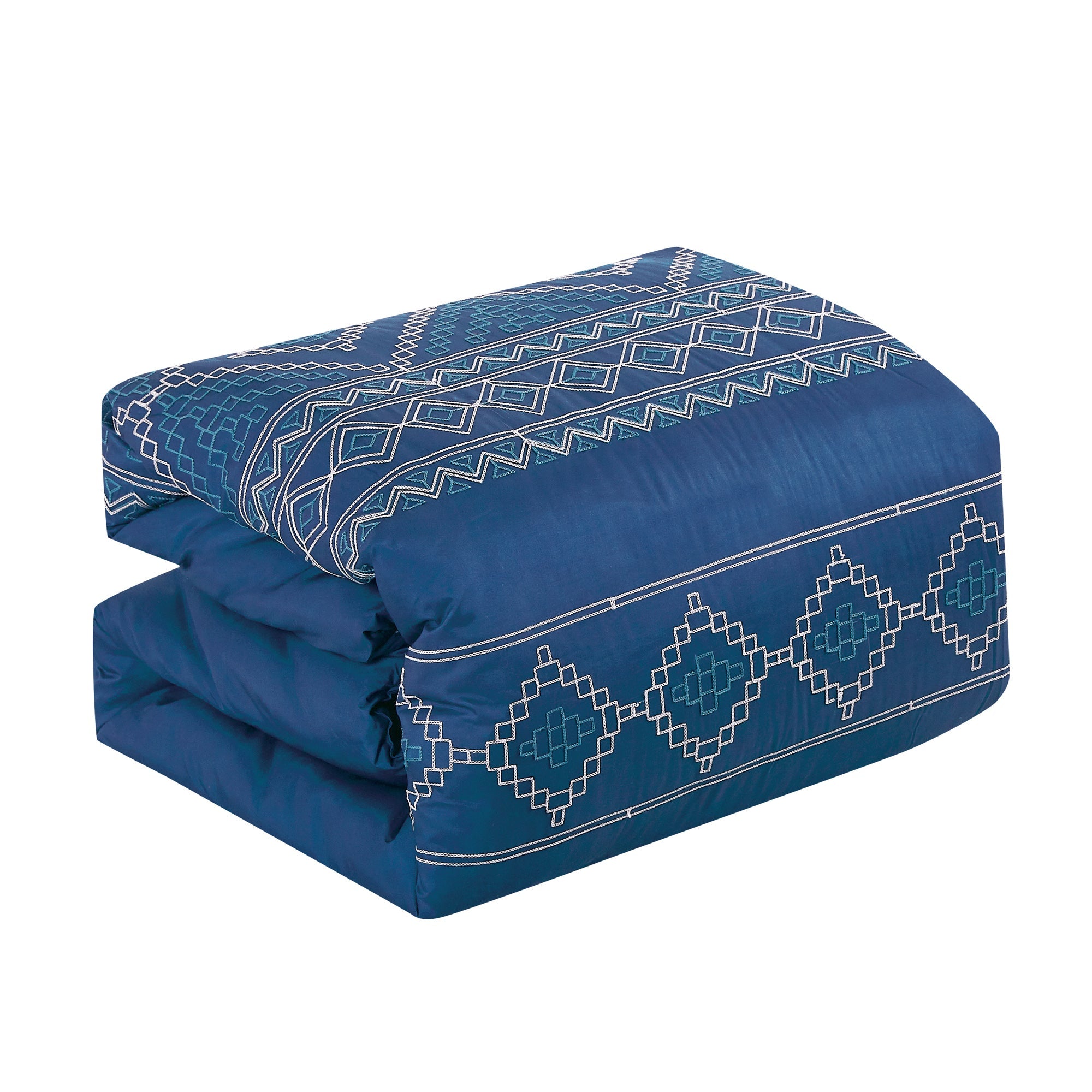 Luxury 7 Piece Geometric Emrboidery Bed in Bag Navy Comforter Set Q/K Size-22363
