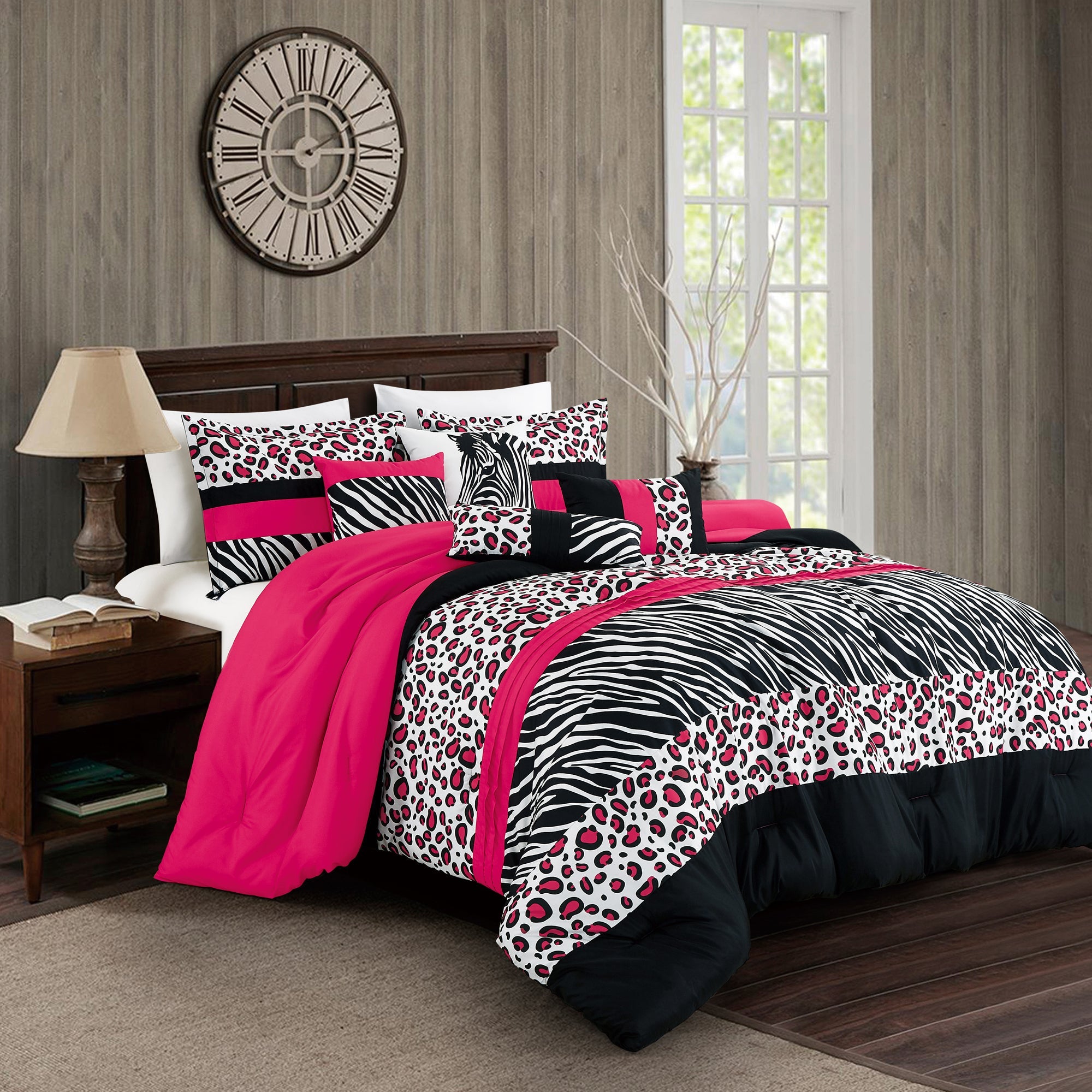 HIG 7 Pieces Leopard Print Comforter Set Color Block Patchwork Bed in A Bag, Pink and Black,