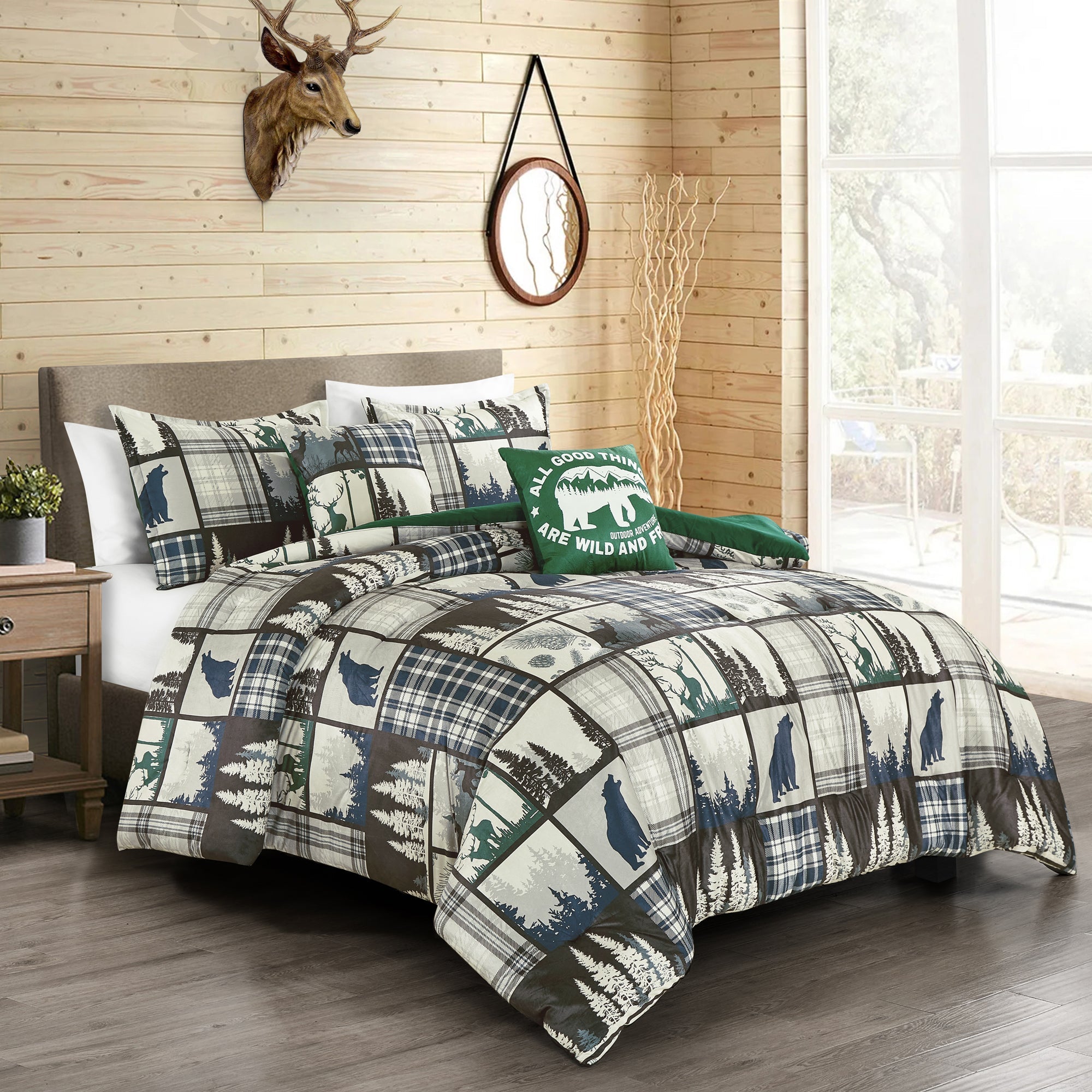 HIG 5-Piece Velvet Sherpa Comforter Set – Wild and Free Cabin Lodge Bedding, Soft & Cozy Comforter with Matching Shams and Decorative Cushions