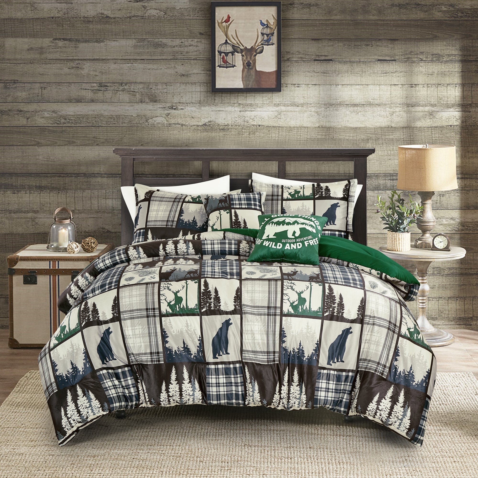 HIG 5-Piece Velvet Sherpa Comforter Set – Wild and Free Cabin Lodge Bedding, Soft & Cozy Comforter with Matching Shams and Decorative Cushions