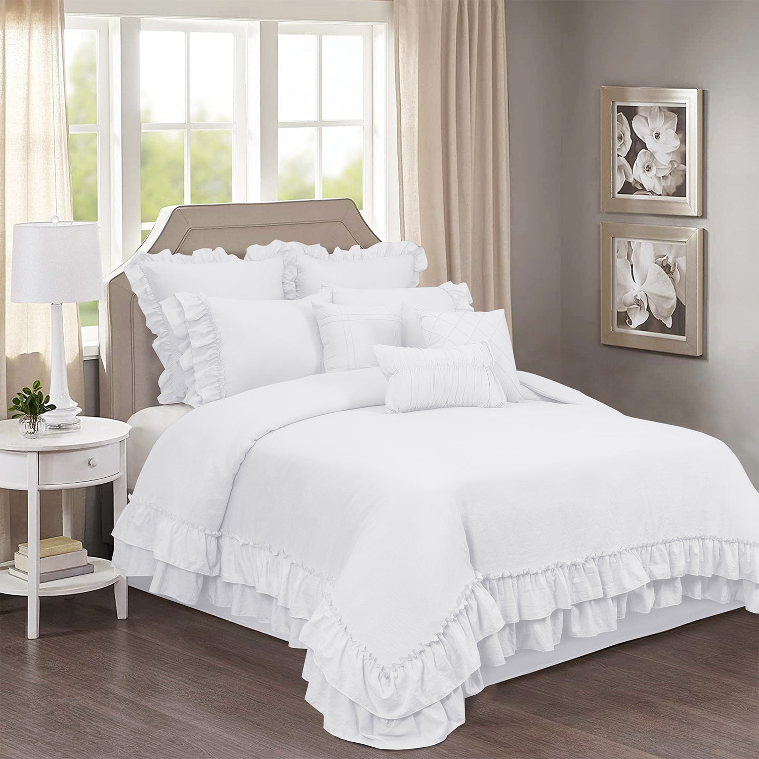 HIG 8 Piece Rustic Ruffle Comforter Set with 2 Layer of Handmade Ruffled Frindge Bed-in-A-Bag