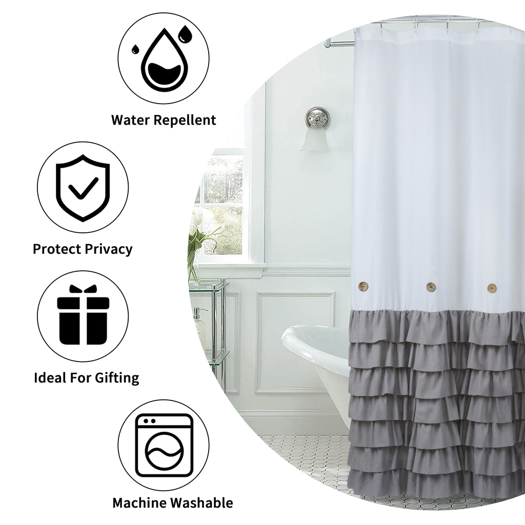 HIG Farmhouse Shower Curtain with PEVA Liner Bathroom Curtain with Buttons Decor, 72"x72"