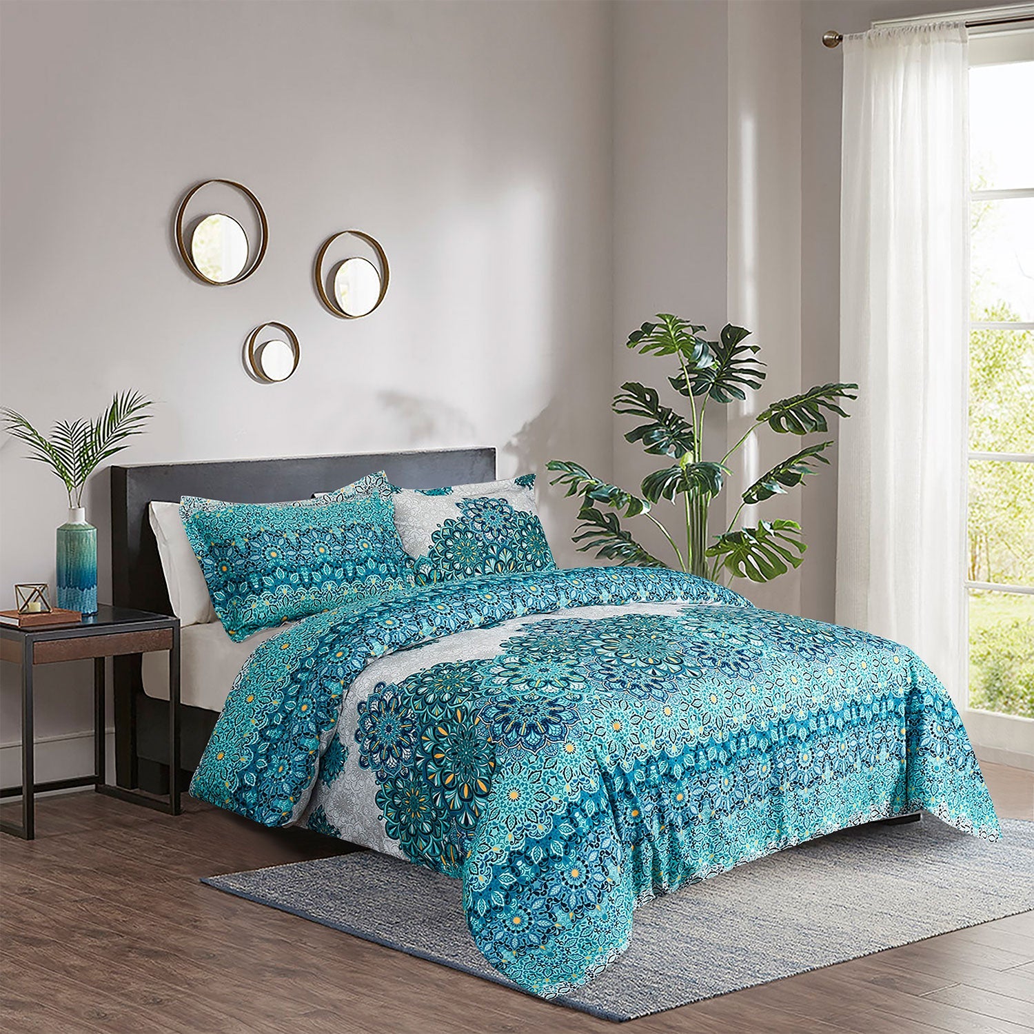 HIG 3 Piece Bohemian Floral Print Comforter Set for Queen King Bed, Pastoral Style Lightweight Duvet Set for Bedroom Decor