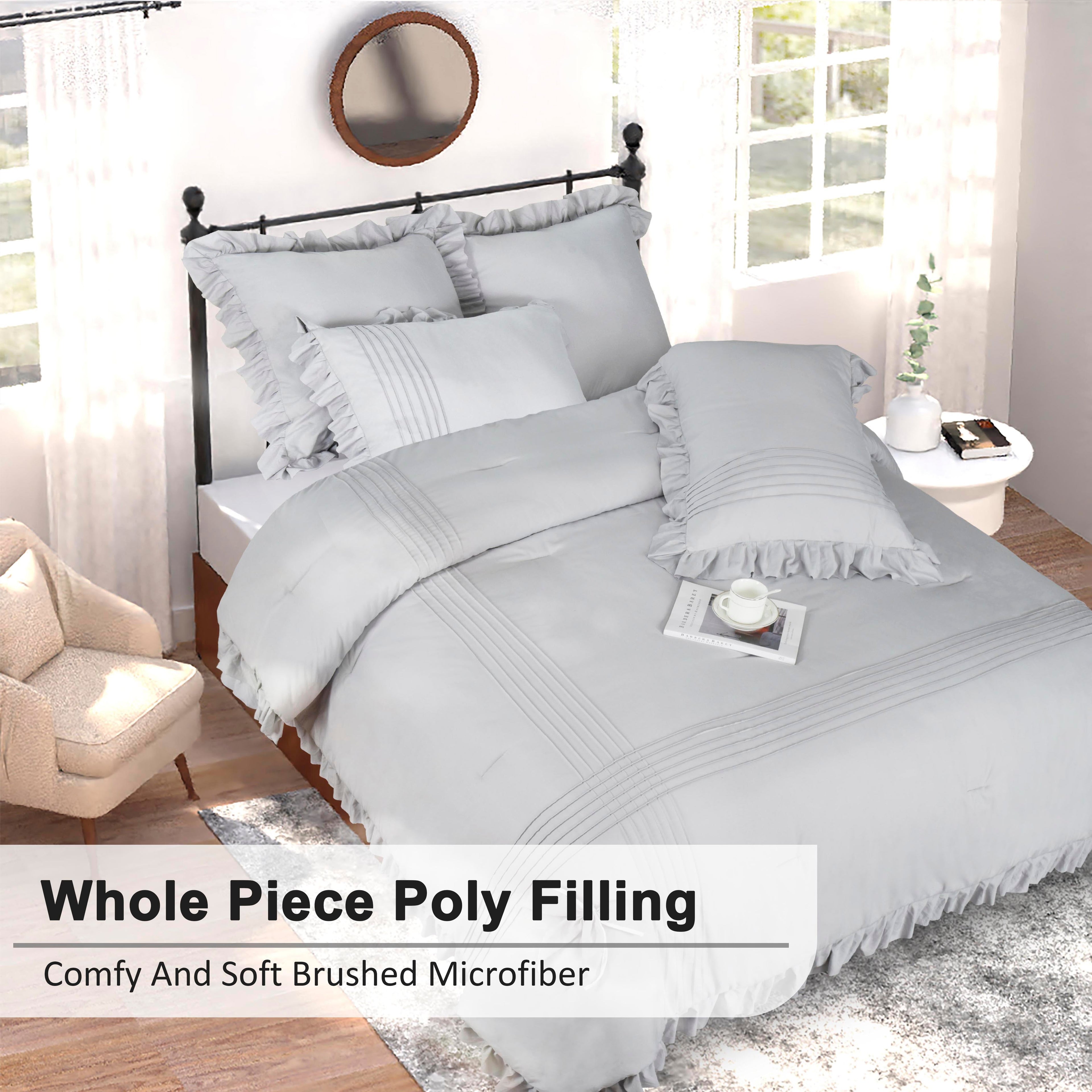HIG 5 Pieces Chic Pleated Comforter Set with Handmade Ruffles,Princess Vintage Bed Set with Adorable Bow Tie, Modern Farmhouse Down Alternative Bedding Set