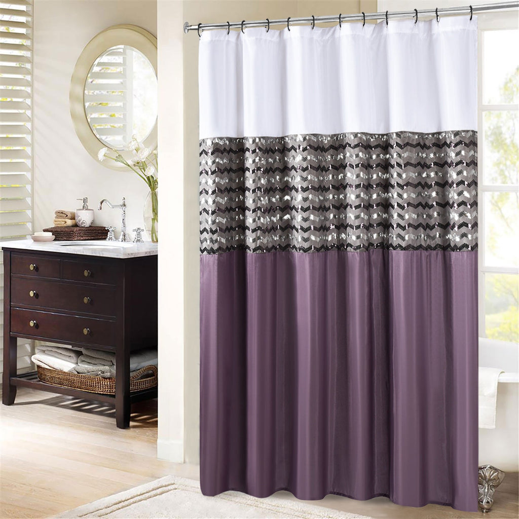 Modern Glitter Shower Curtain - Shimmer Sequin Design for Bathroom, Chic Stunning Bath Curtain with Color Block Design, 72" x 72"