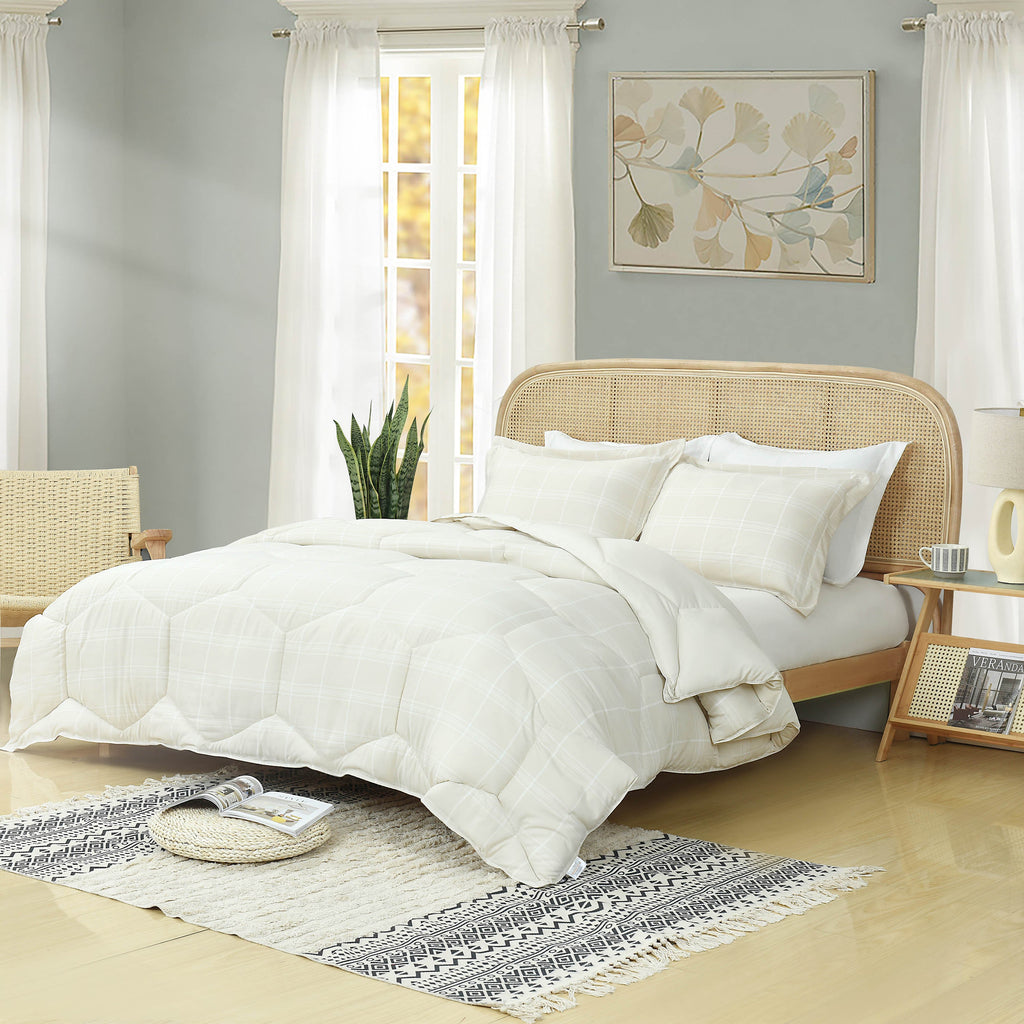HIG 3PCS Reversible Check Pattern Comforter Set Cationic Dyeing Bedding Set, Beige / Gray, Queen / King
