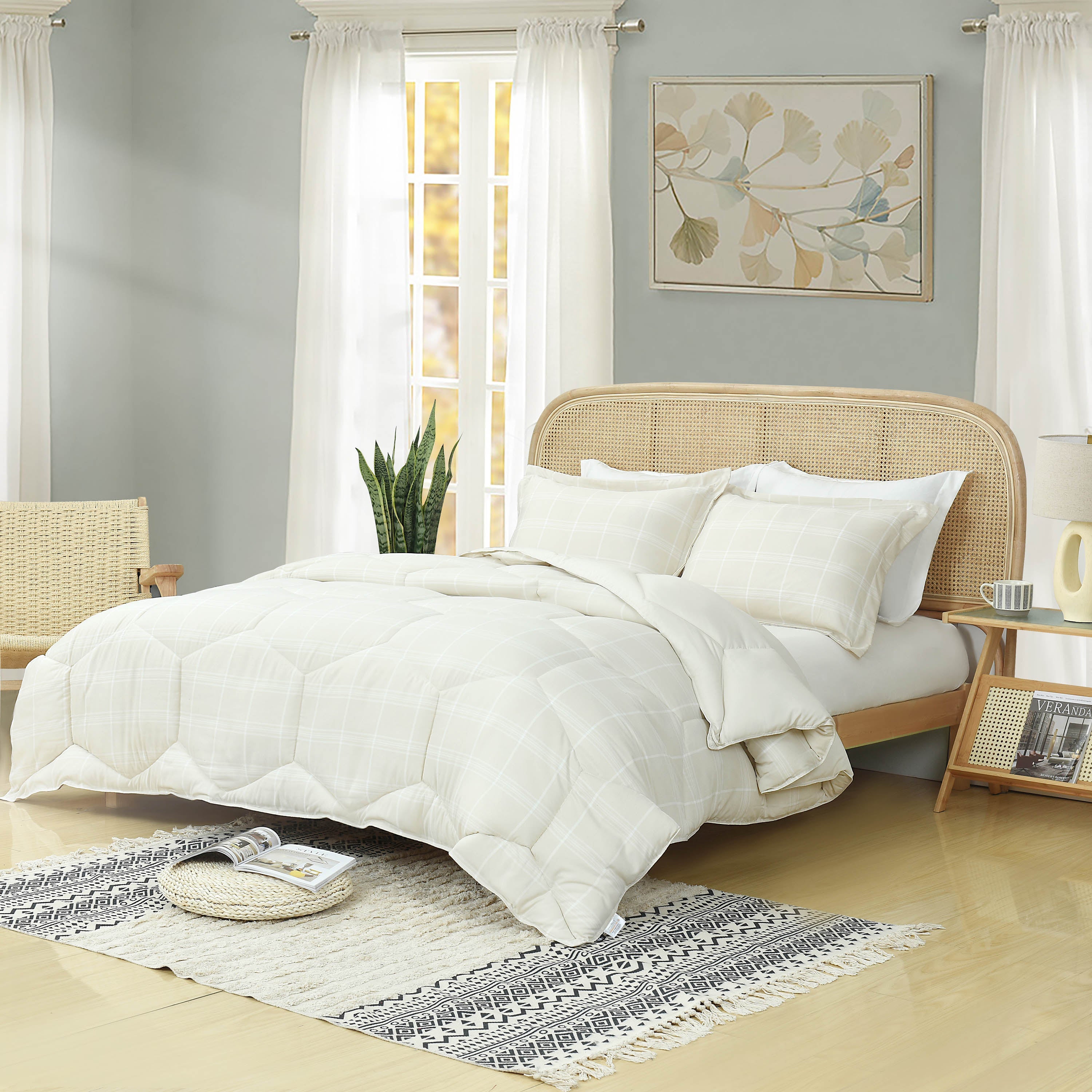 HIG 3PCS Reversible Check Pattern Comforter Set Cationic Dyeing Bedding Set, Beige / Gray, Queen / King
