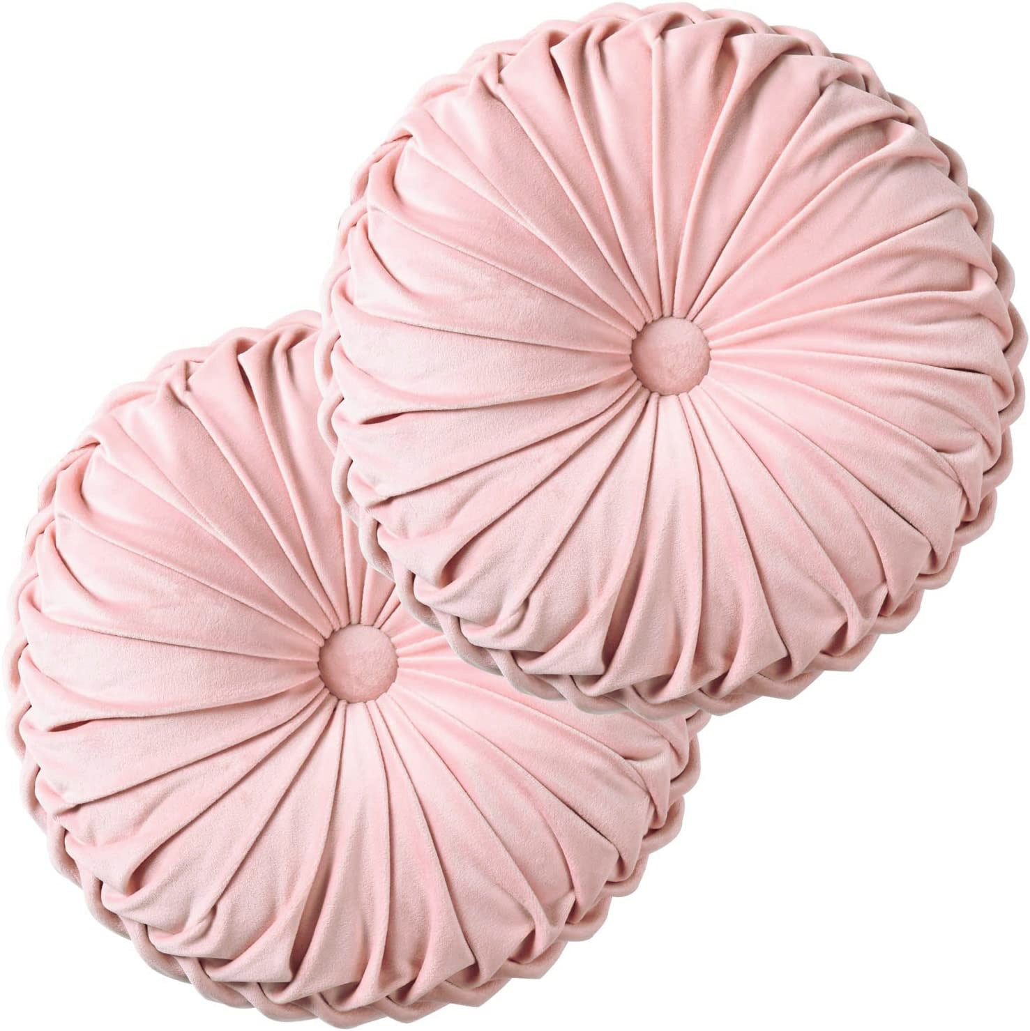 HIG Set of 2 Pumpkin Pleated Round Throw Pillows, Soft Velvet, 14.5" Diameter