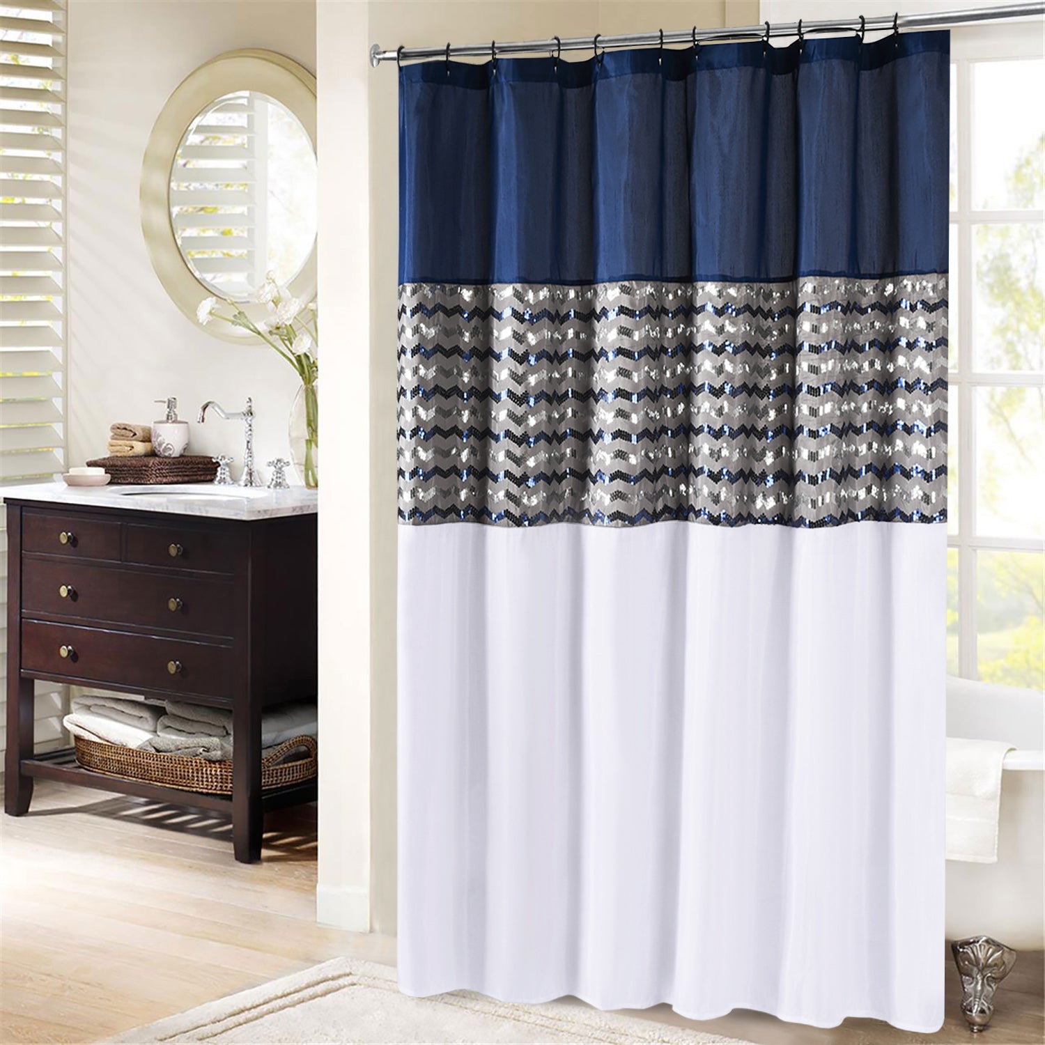 Modern Glitter Shower Curtain - Shimmer Sequin Design for Bathroom, Chic Stunning Bath Curtain with Color Block Design, 72" x 72"
