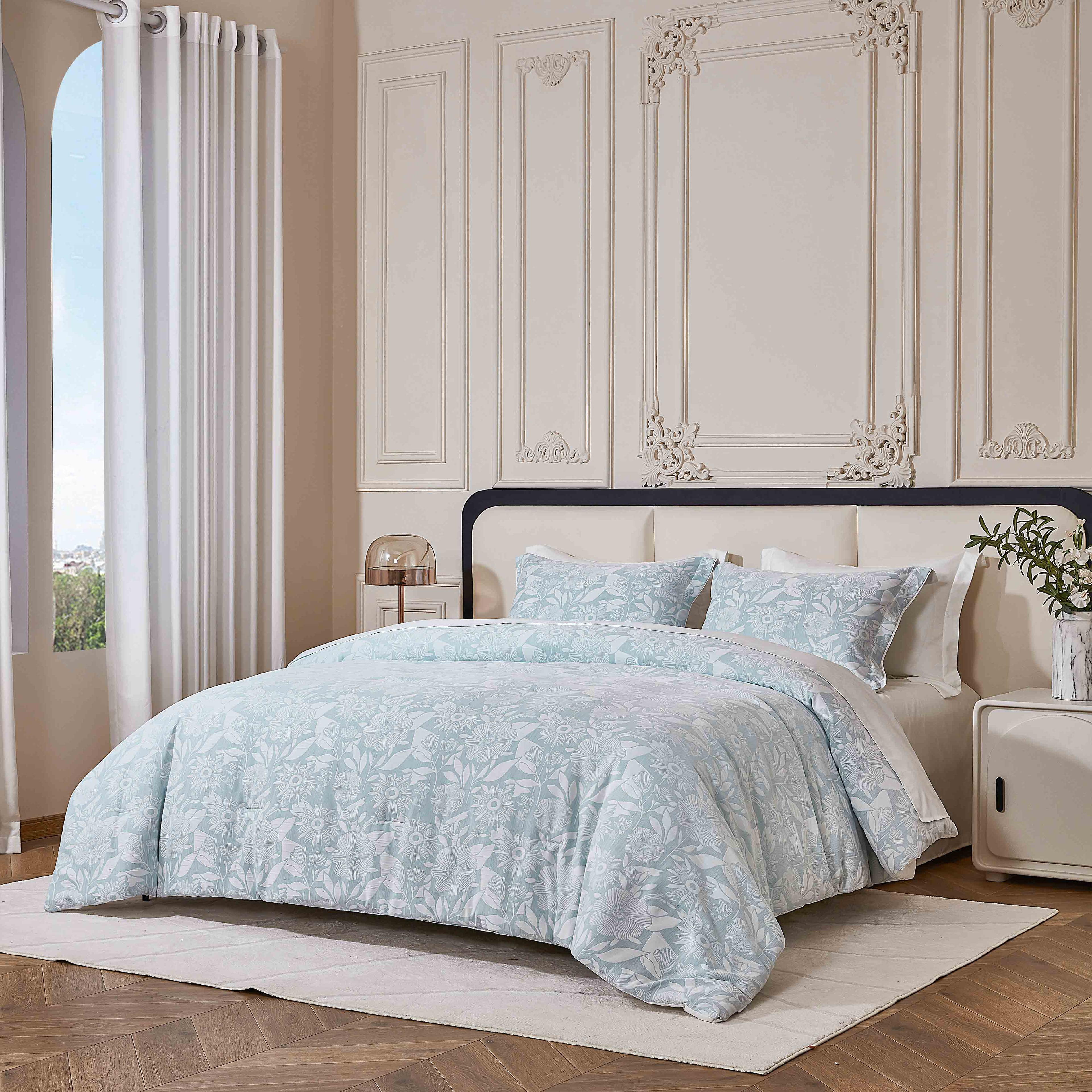 HIG 7pc Floral Jacquard Bed in a Bag Light Blue Botanical Comforters with Flat Sheet, Fitted Sheet and Shams