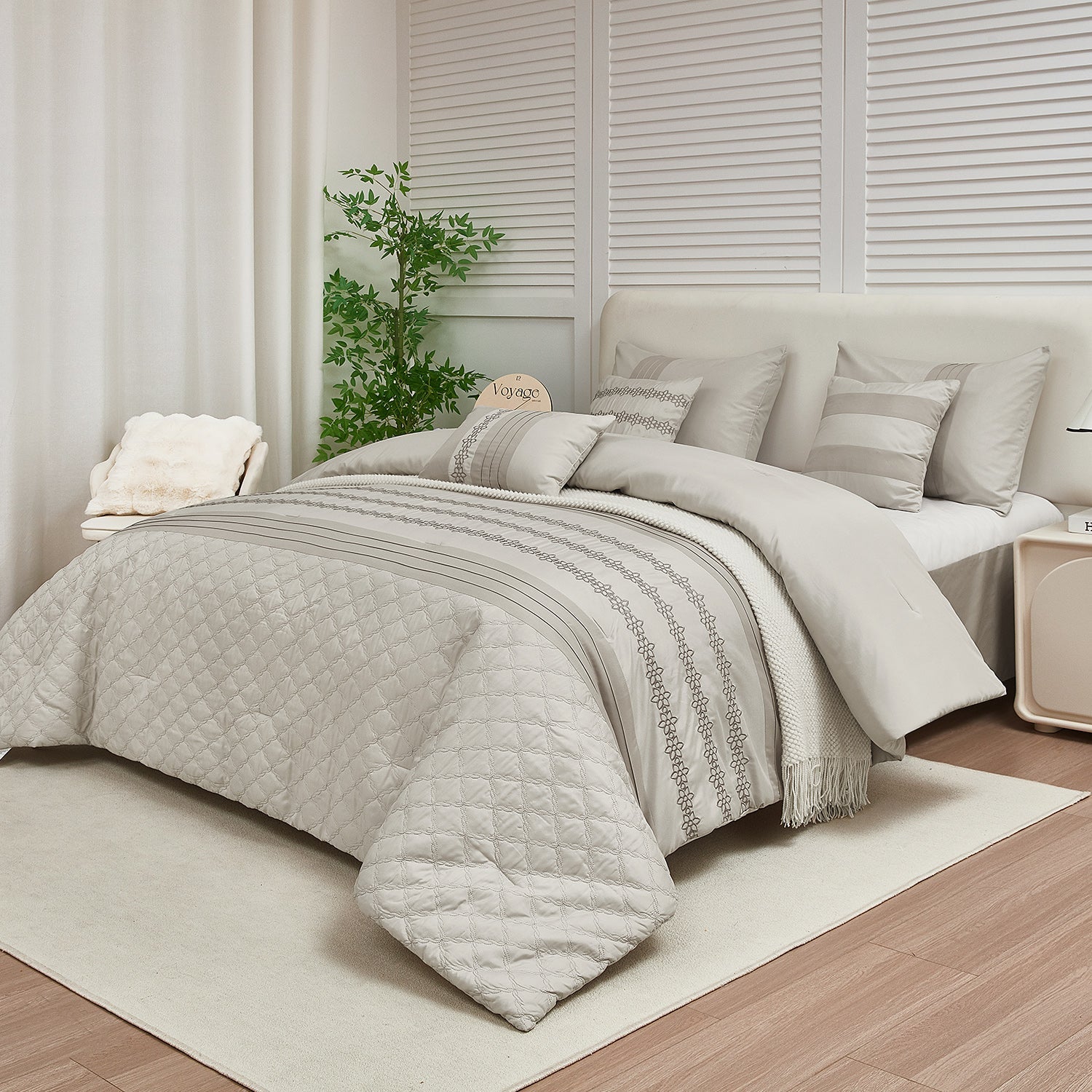 HIG 7 Piece Embroidery White Bed in a Bag, Modern and Stylish Comforter Set for Adults