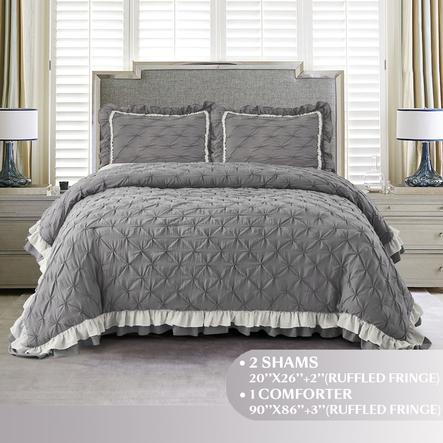 3 Piece Pinch Pleated Comforter Set Queen - Gray and White Chic Embroidery Farmhouse Style Bedding Set