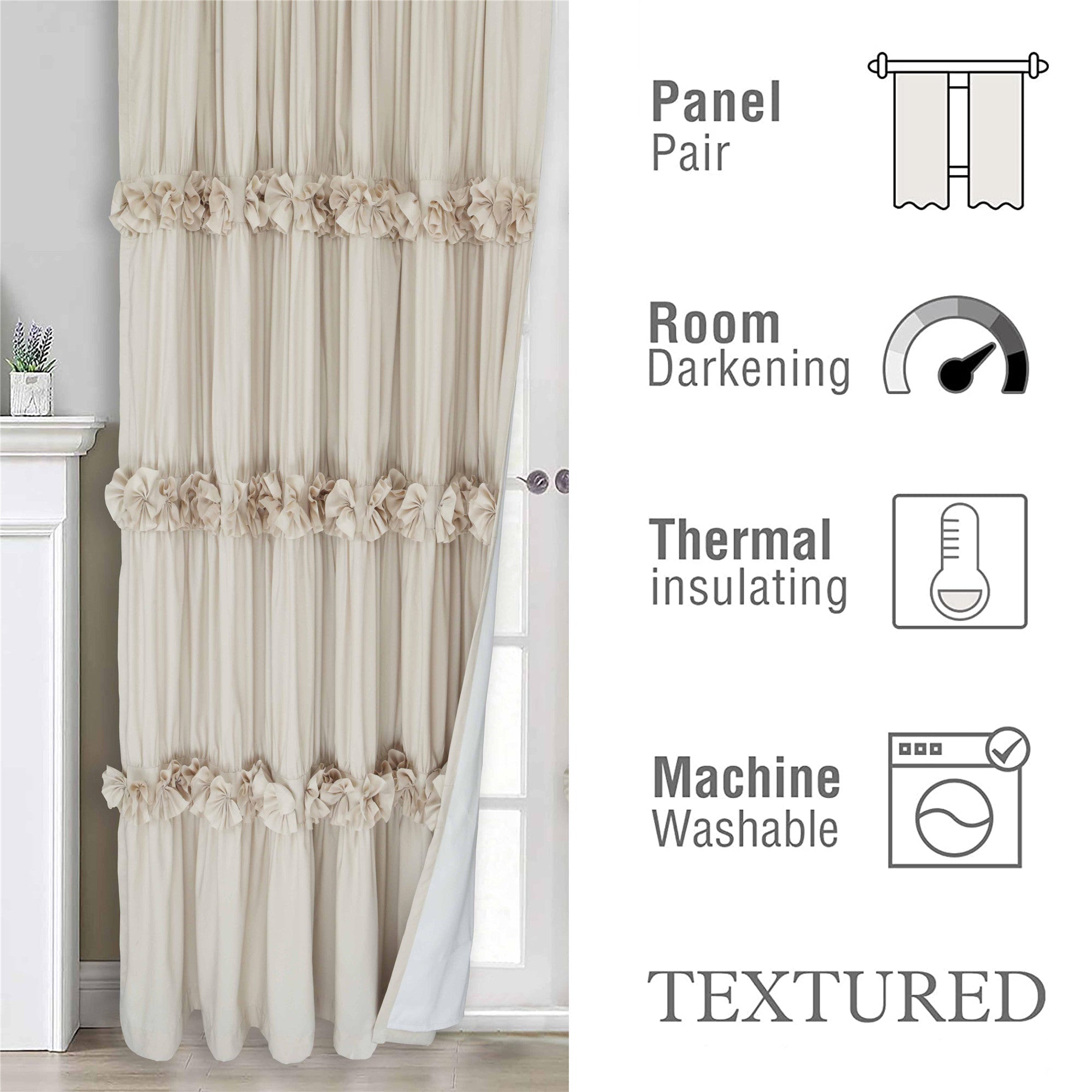 HIG Farmhouse Ruffle Window Curtains with Blackout Liner Handmade Bow Ties Drapes 2 Panels Set, 54"W x 84"L