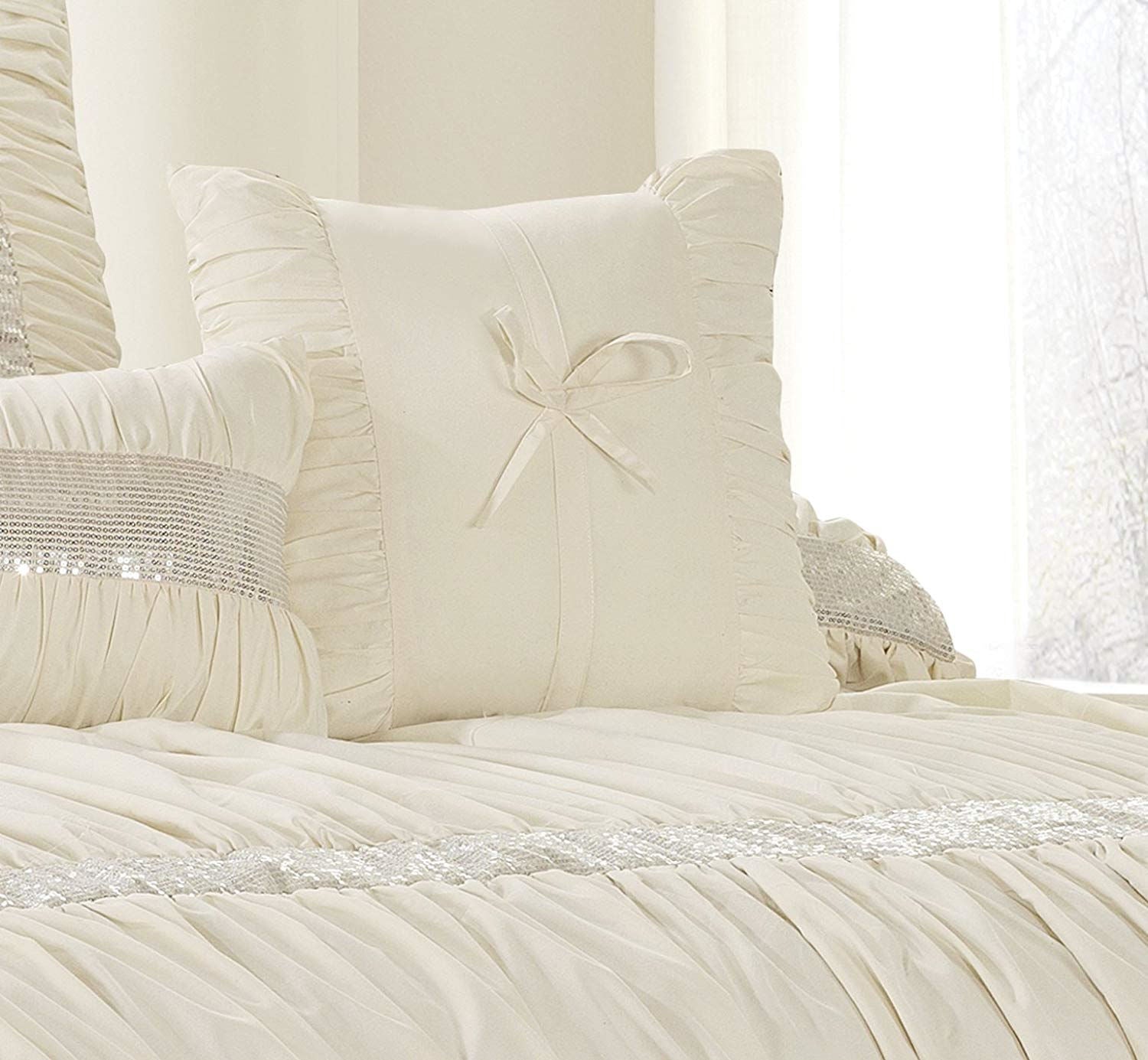 7 Piece Microfiber Ruffles Sequins Embroidery Bed In A Bag Comforter Set-Claraita