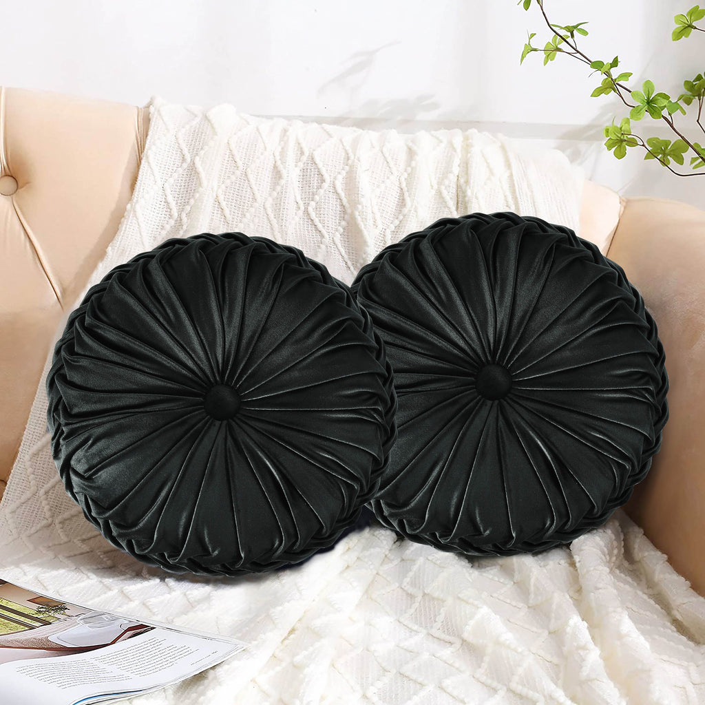 HIG Set of 2 Pumpkin Pleated Round Throw Pillows, Soft Velvet, 14.5" Diameter